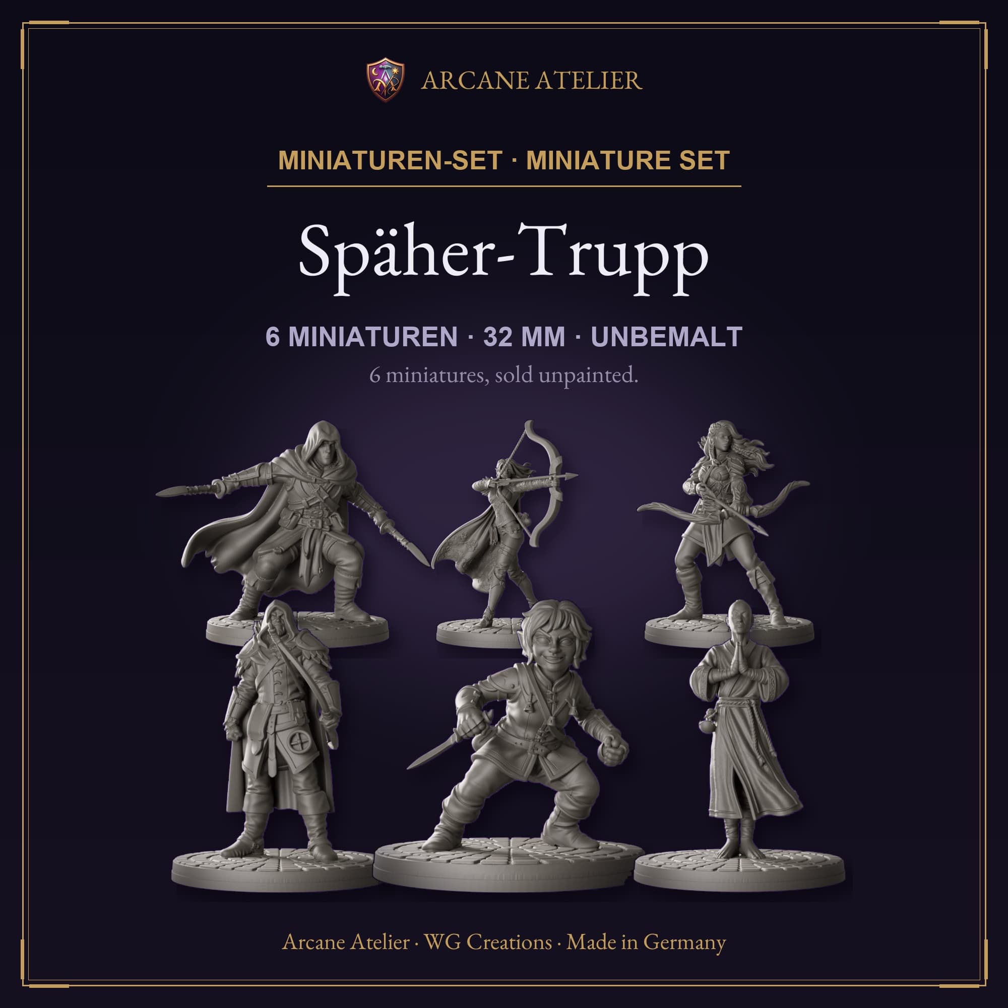 Digitaler Produkt-Render (1 von 2) von Späher-Trupp mit sechs Figuren in unbemaltem Dunkelgrau.