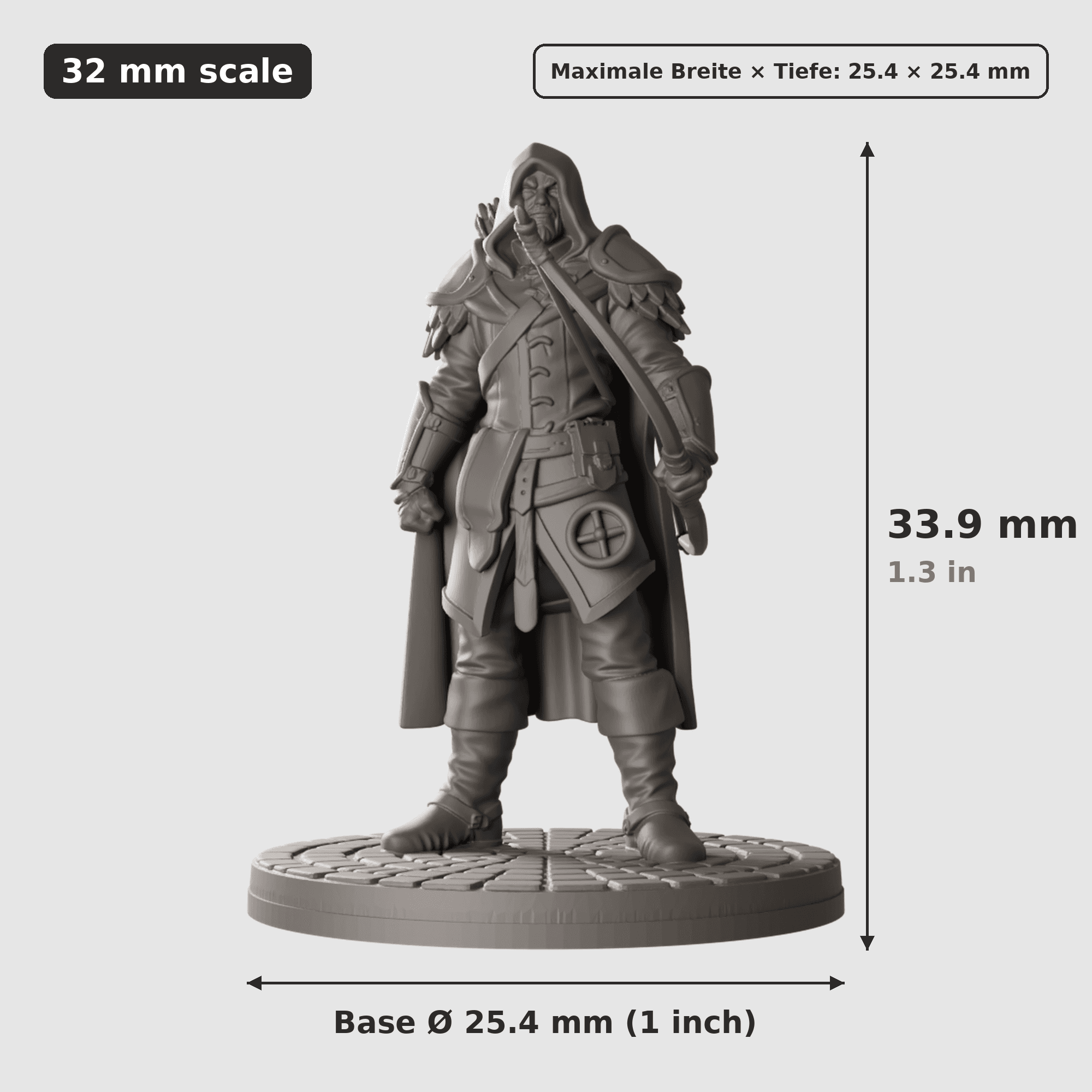 Digitale Maßreferenz / Scale reference (3 von 6) für Späher-Trupp mit sechs Figuren mit Höhe / height, Breite / width, Tiefe / depth und Base-Durchmesser / base diameter.