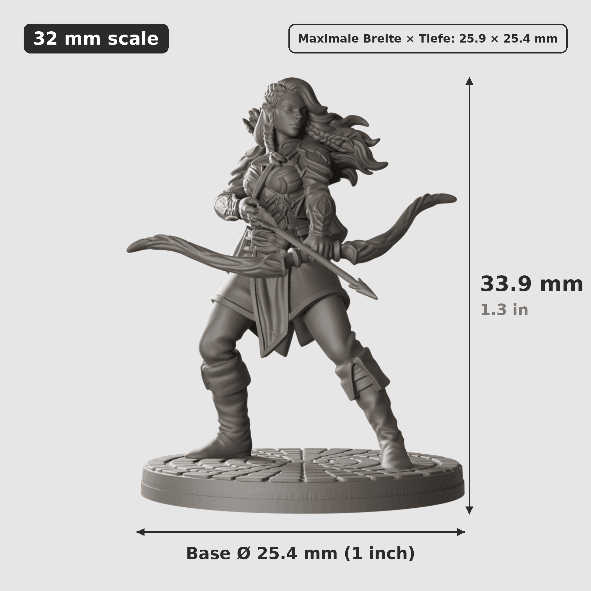 Digitale Maßreferenz / Scale reference (4 von 6) für Späher-Trupp mit sechs Figuren mit Höhe / height, Breite / width, Tiefe / depth und Base-Durchmesser / base diameter.