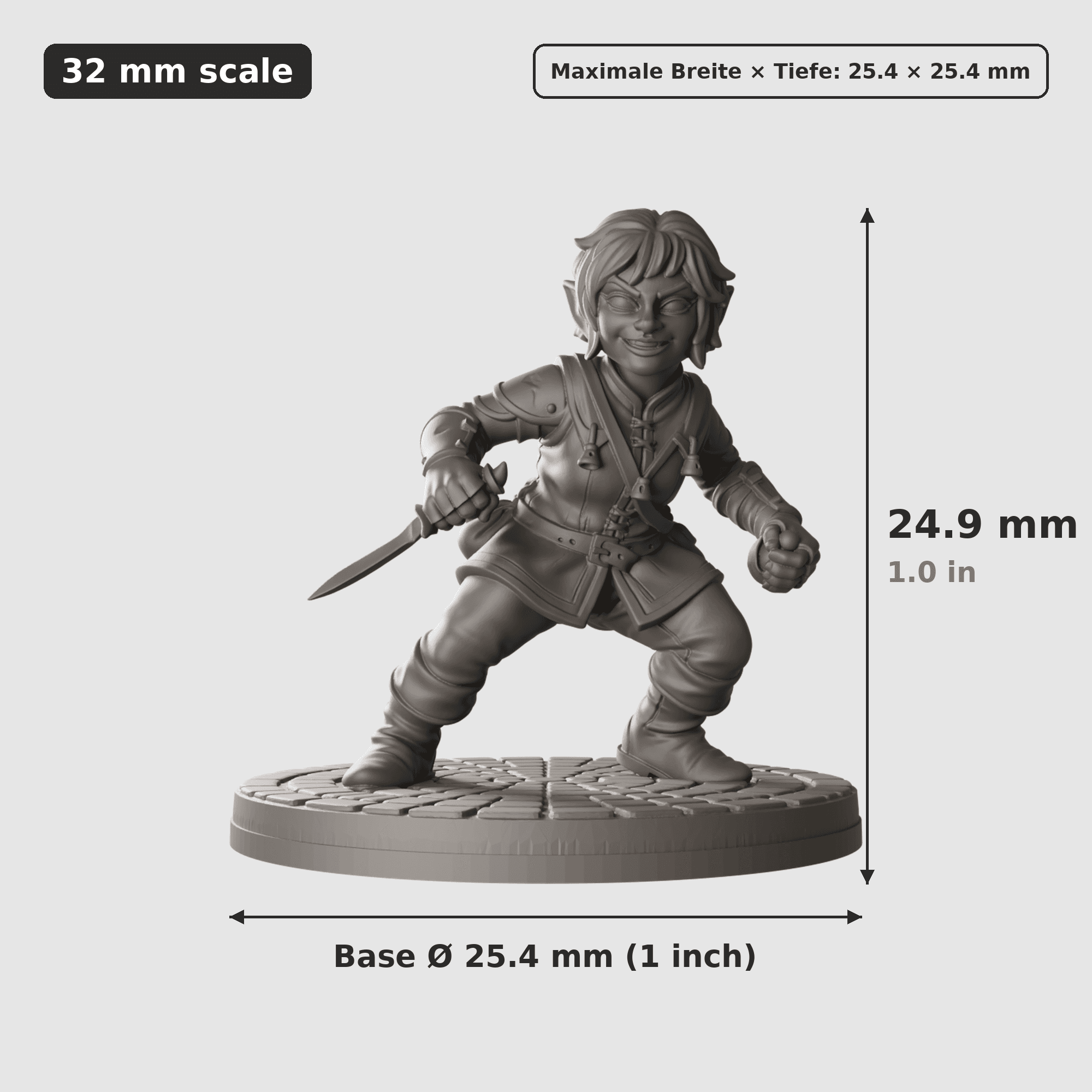 Digitale Maßreferenz / Scale reference (5 von 6) für Späher-Trupp mit sechs Figuren mit Höhe / height, Breite / width, Tiefe / depth und Base-Durchmesser / base diameter.