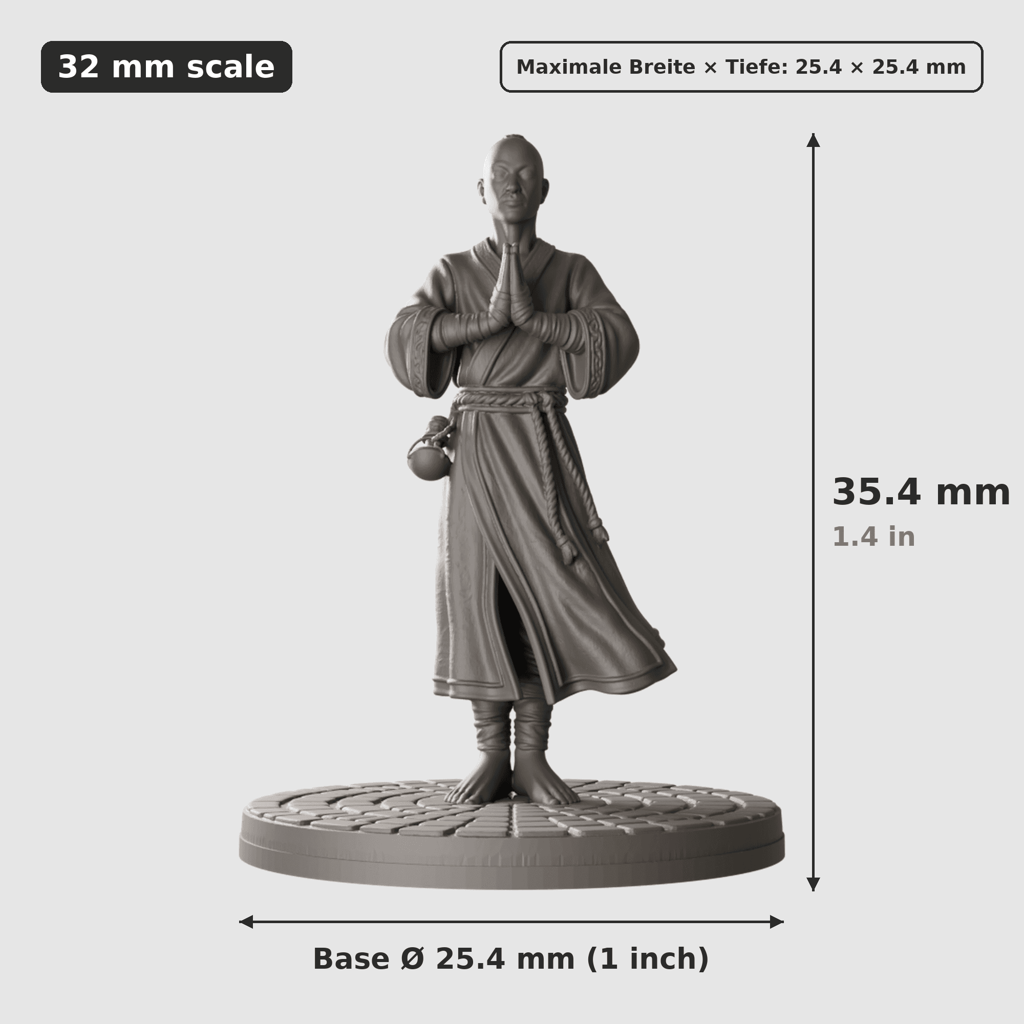 Digitale Maßreferenz / Scale reference (6 von 6) für Späher-Trupp mit sechs Figuren mit Höhe / height, Breite / width, Tiefe / depth und Base-Durchmesser / base diameter.