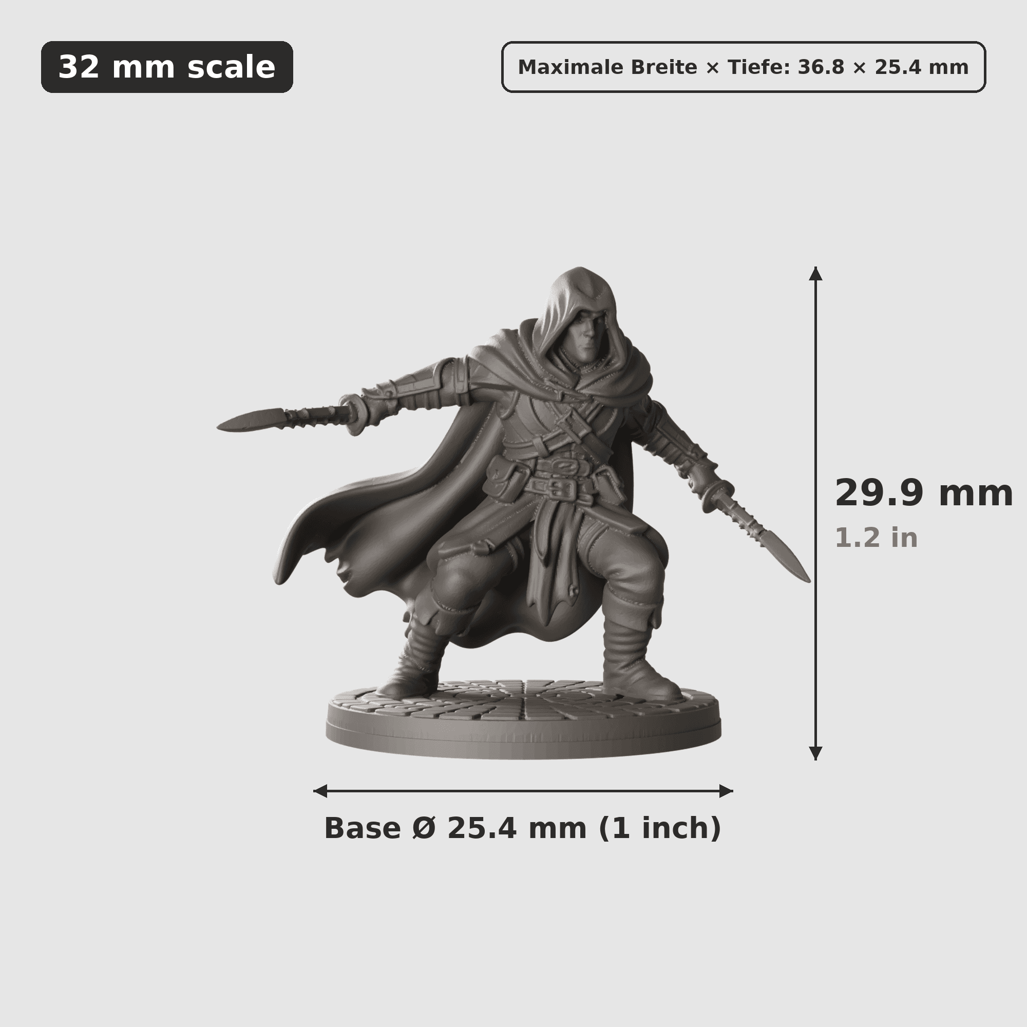 Digitale Maßreferenz / Scale reference (1 von 6) für Späher-Trupp mit sechs Figuren mit Höhe / height, Breite / width, Tiefe / depth und Base-Durchmesser / base diameter.