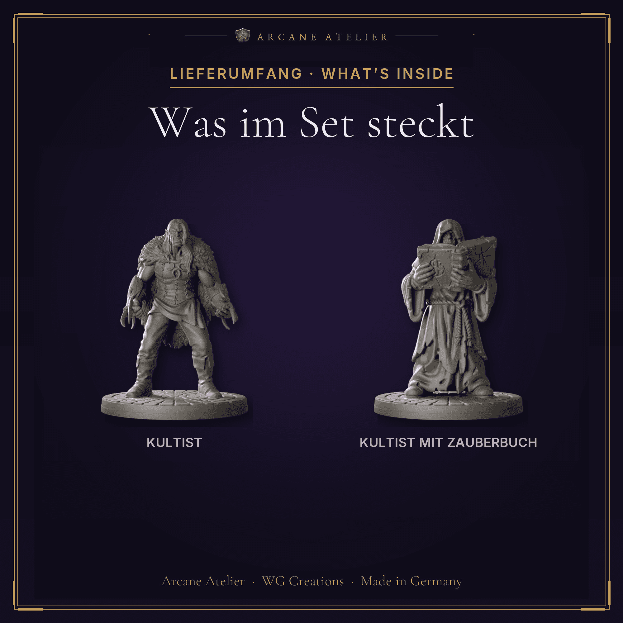 Digitaler Produkt-Render (2 von 2) von Kultisten-Duo mit zwei Figuren in unbemaltem Dunkelgrau.