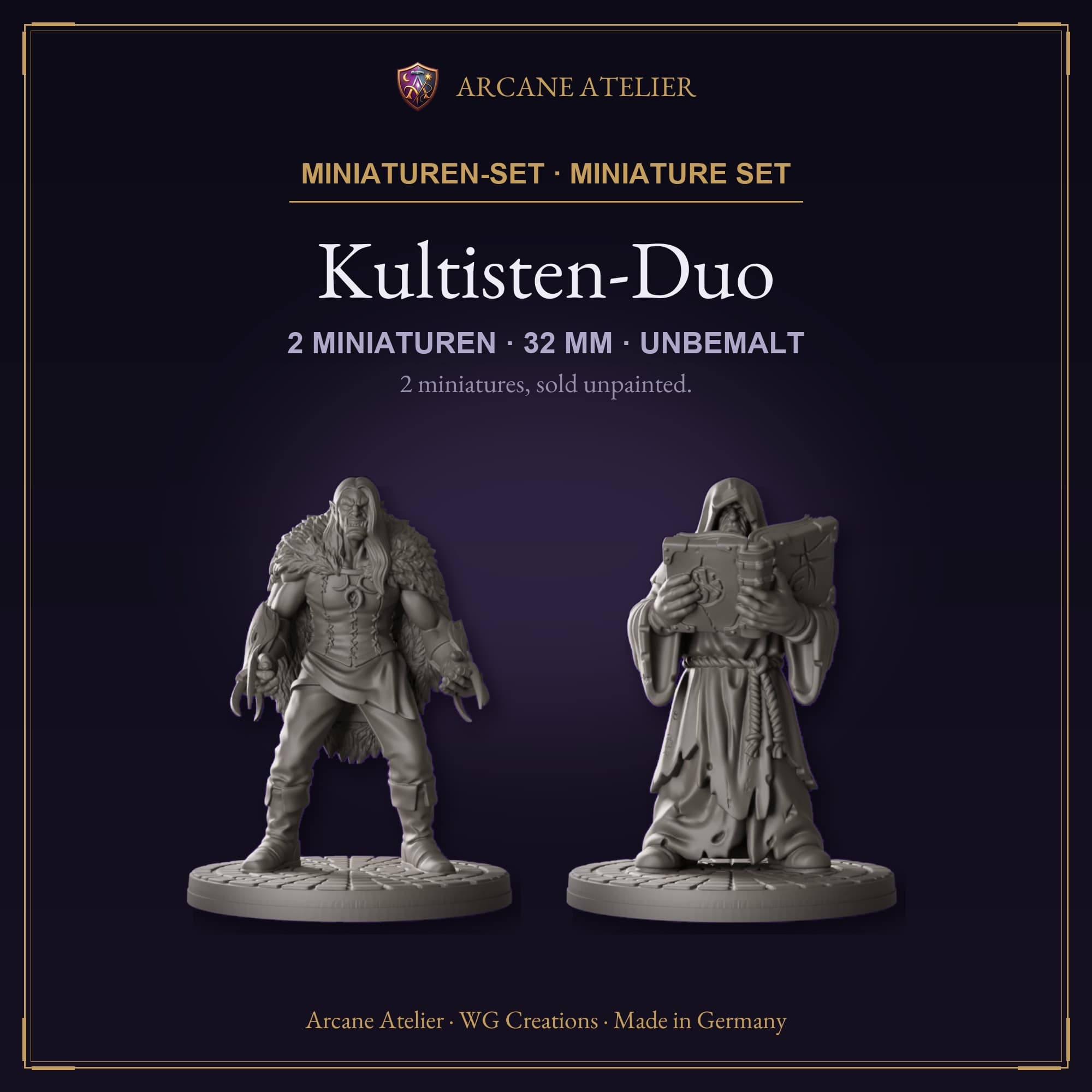 Digitaler Produkt-Render (1 von 2) von Kultisten-Duo mit zwei Figuren in unbemaltem Dunkelgrau.
