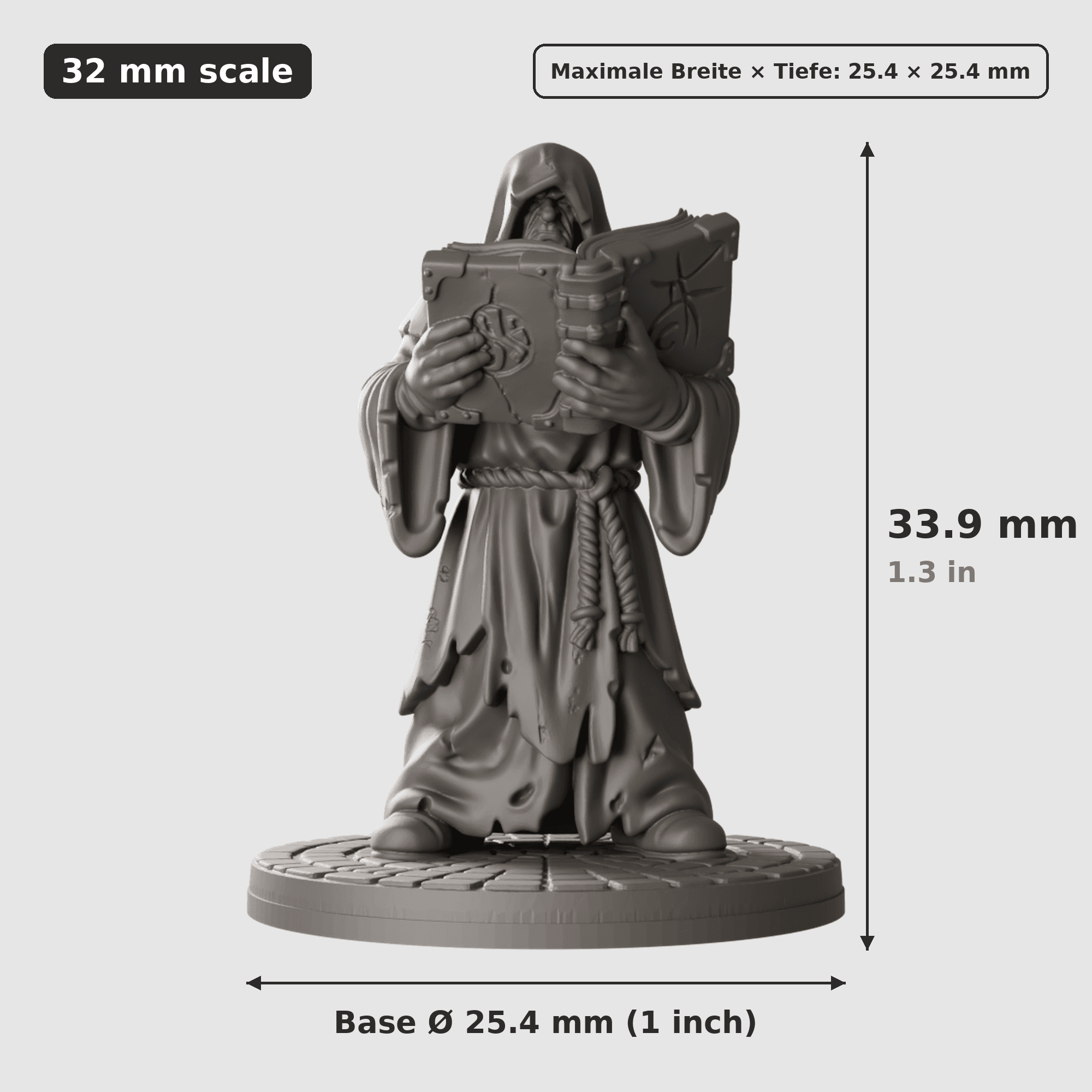 Digitale Maßreferenz / Scale reference (1 von 2) für Kultisten-Duo mit zwei Figuren mit Höhe / height, Breite / width, Tiefe / depth und Base-Durchmesser / base diameter.