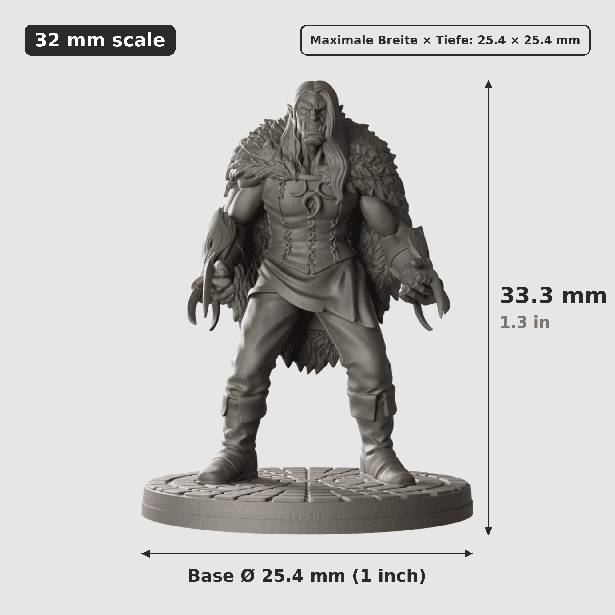 Digitale Maßreferenz / Scale reference (2 von 2) für Kultisten-Duo mit zwei Figuren mit Höhe / height, Breite / width, Tiefe / depth und Base-Durchmesser / base diameter.