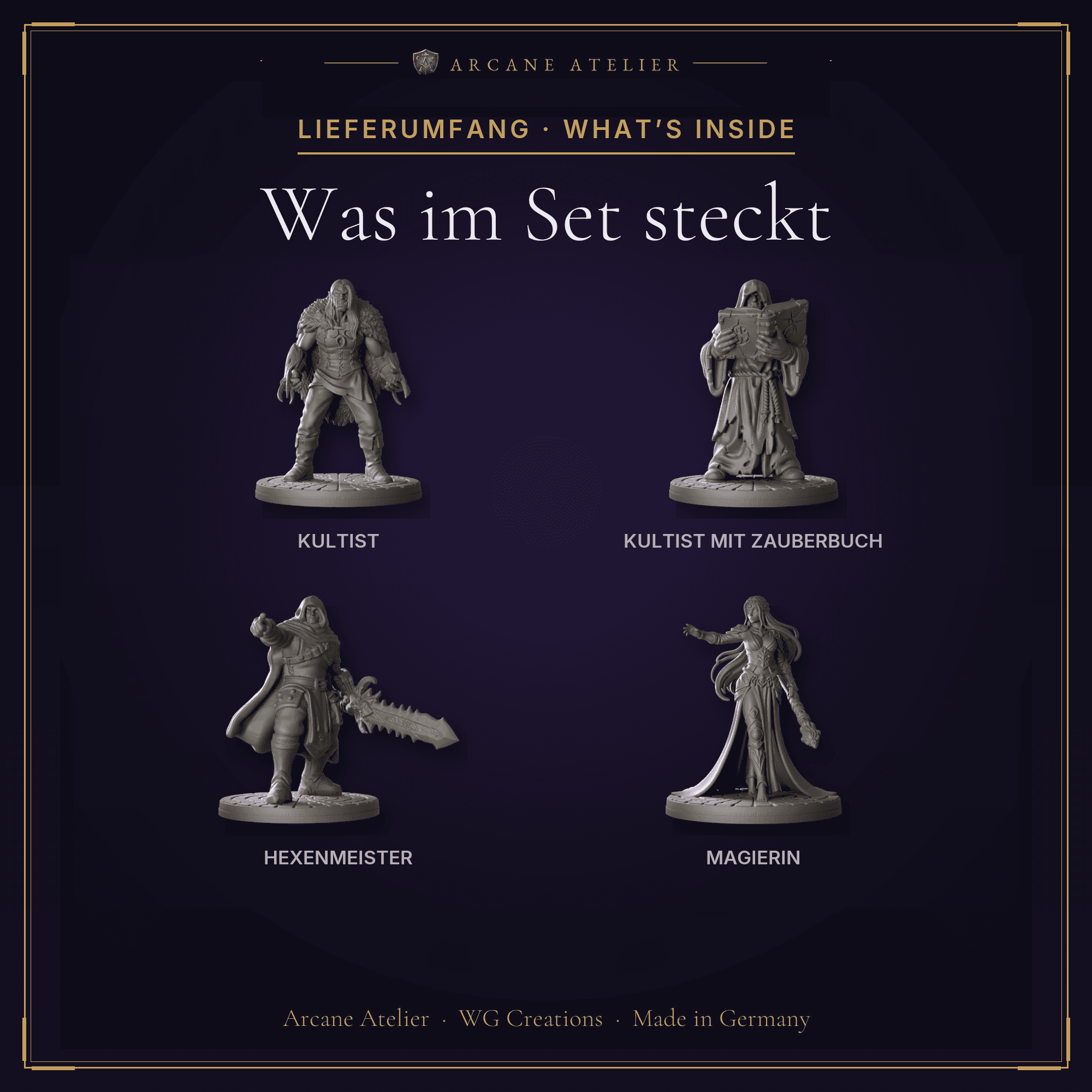 Digitaler Produkt-Render (2 von 2) von Kultisten-Zirkel mit vier Figuren in unbemaltem Dunkelgrau.
