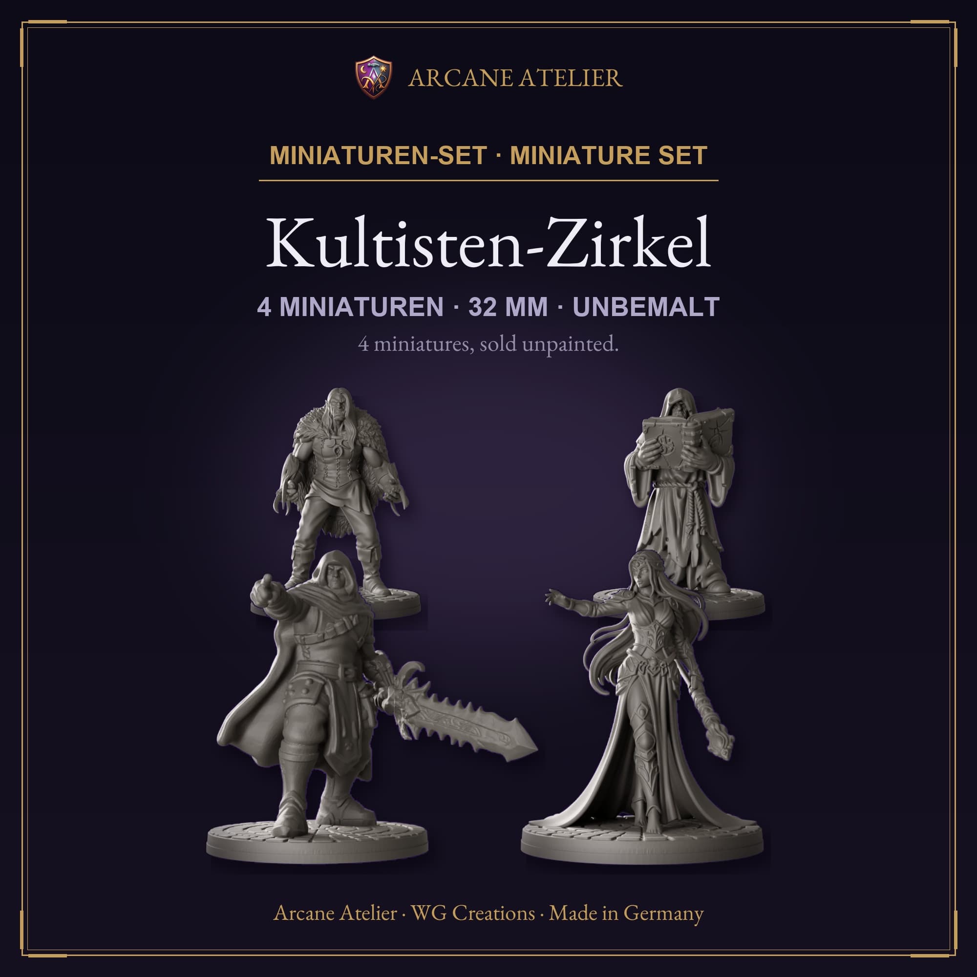 Digitaler Produkt-Render (1 von 2) von Kultisten-Zirkel mit vier Figuren in unbemaltem Dunkelgrau.