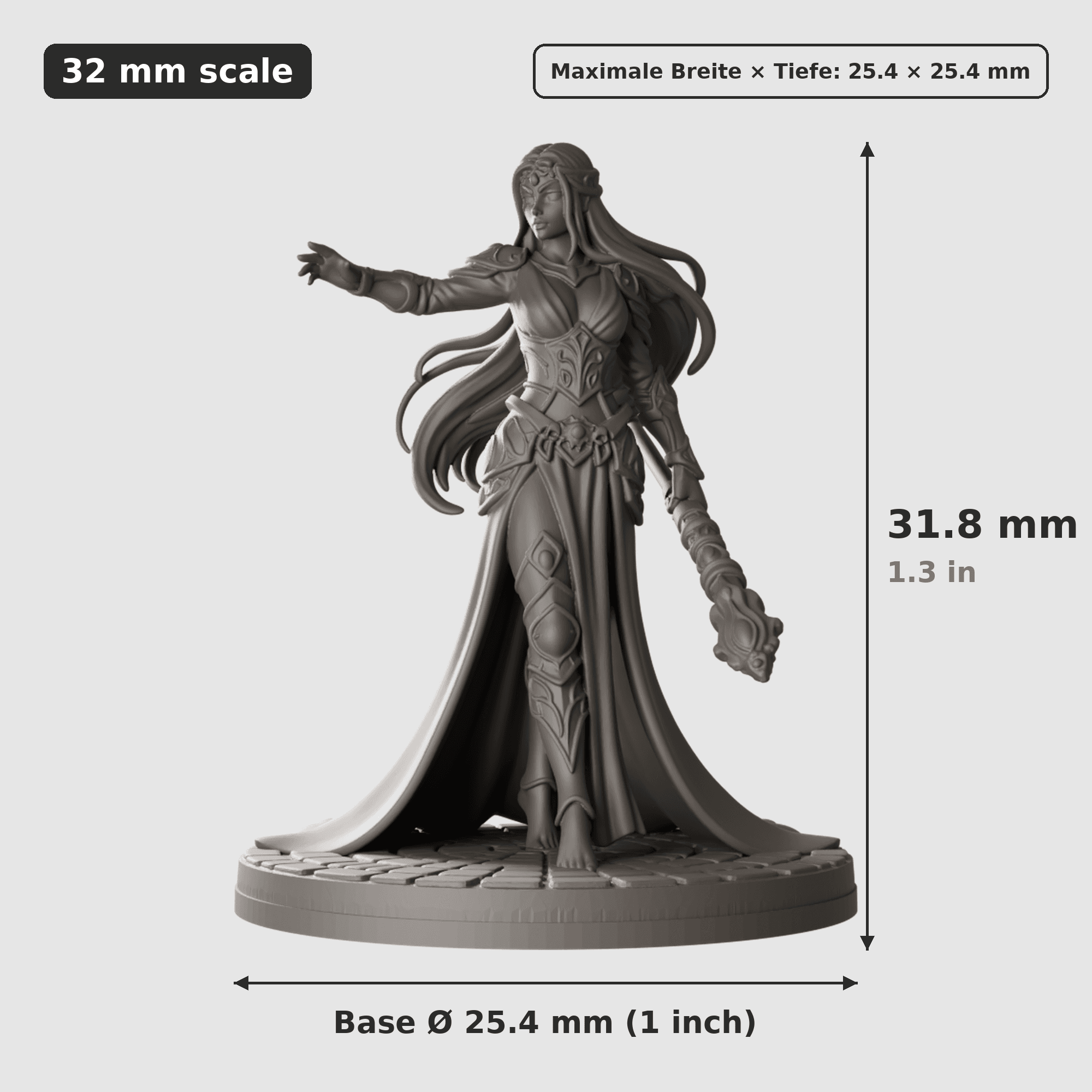 Digitale Maßreferenz / Scale reference (2 von 4) für Kultisten-Zirkel mit vier Figuren mit Höhe / height, Breite / width, Tiefe / depth und Base-Durchmesser / base diameter.