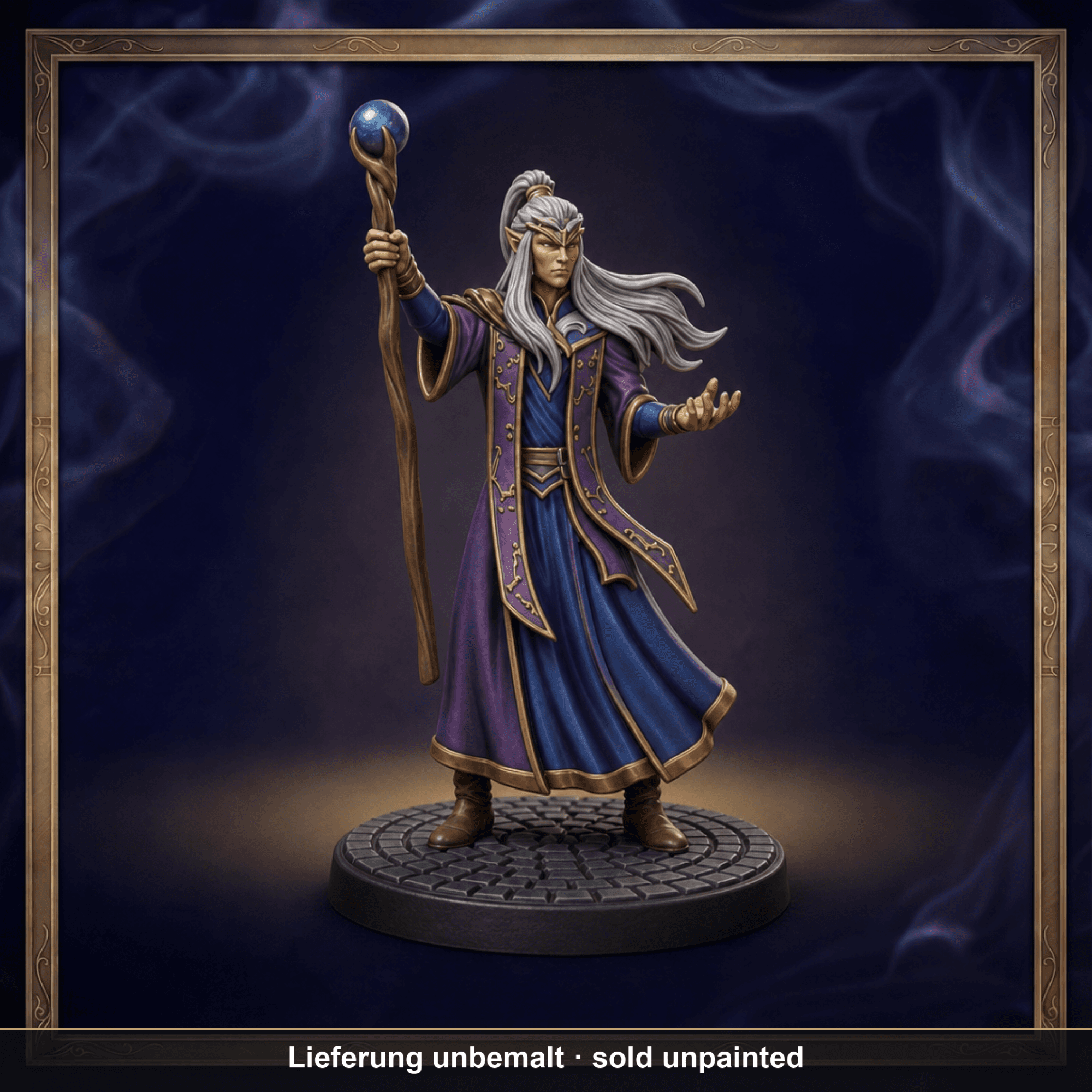 Digital gerenderte Bemalungsvorschau von Elf-Magier mit Kugelstab; geliefert wird die Miniatur unbemalt.