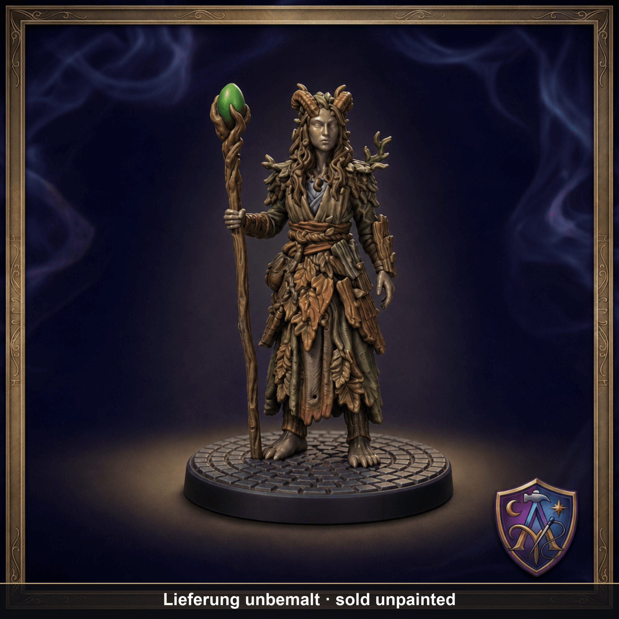 Digital gerenderte Bemalungsvorschau von Tiefling-Druide mit Stab und Blattrüstung; geliefert wird die Miniatur unbemalt.