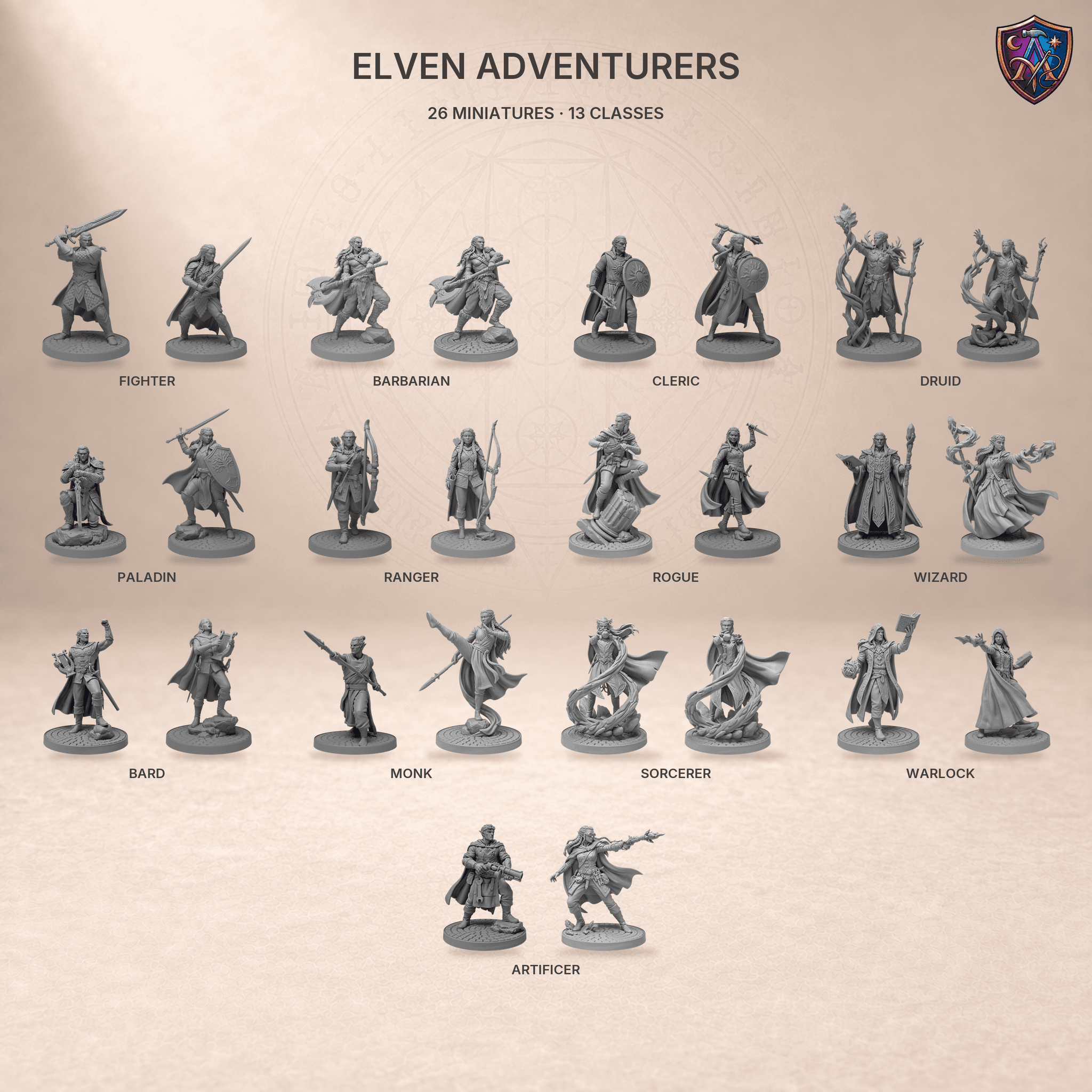 Detail photo of Elf Adventuring Party with All Thirteen Classes – Set of 26 Unpainted Resin Miniatures, 32 mm Scale as an unpainted resin miniature