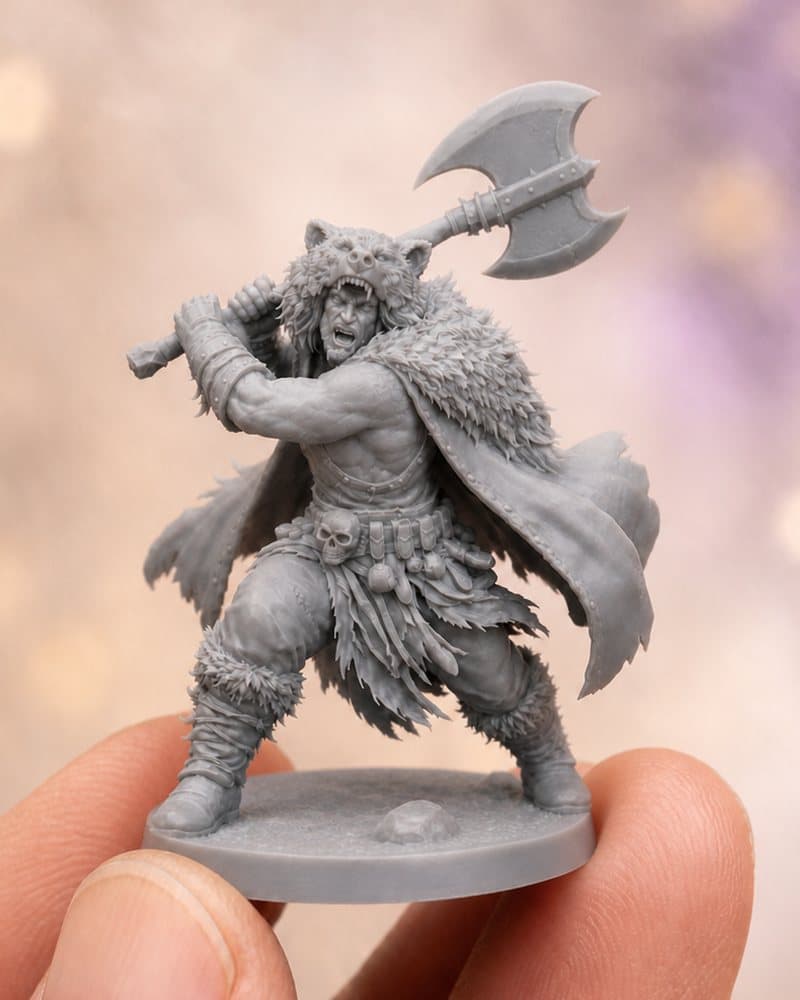 Dieselbe Figur als fertig gedruckte Resin-Miniatur mit Base zwischen zwei Fingern