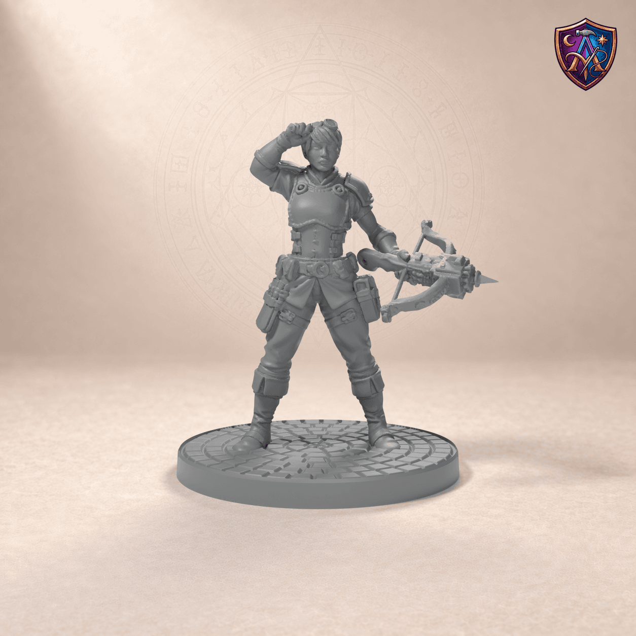 Digitaler Produkt-Render (1 von 6) von Mensch-Tüftlerin mit mechanischer Armbrust in unbemaltem Dunkelgrau.