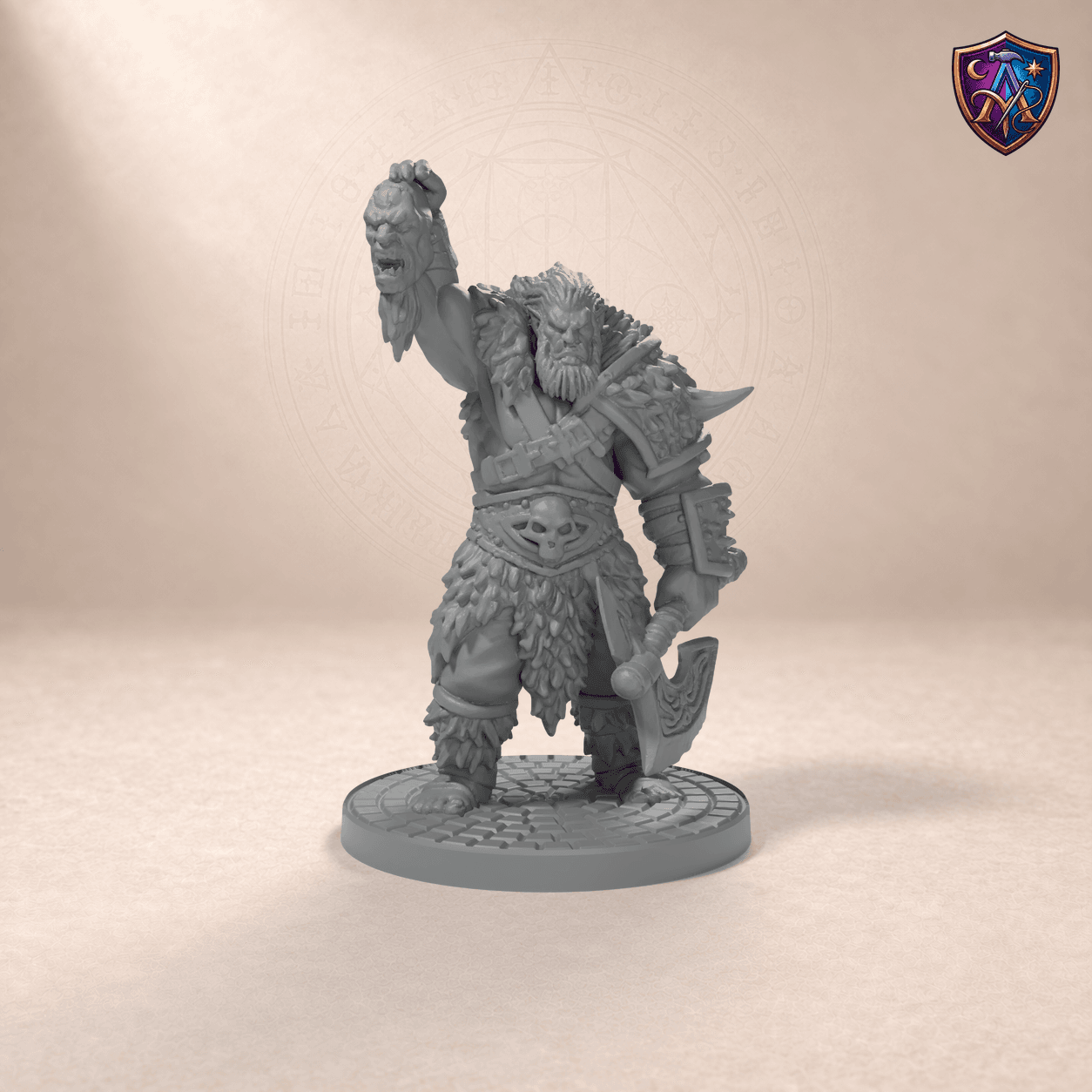 Digital product render of Half-Orc Barbarian – Unpainted 32/54/75mm Resin Miniature for Tabletop RPGs in unpainted grey