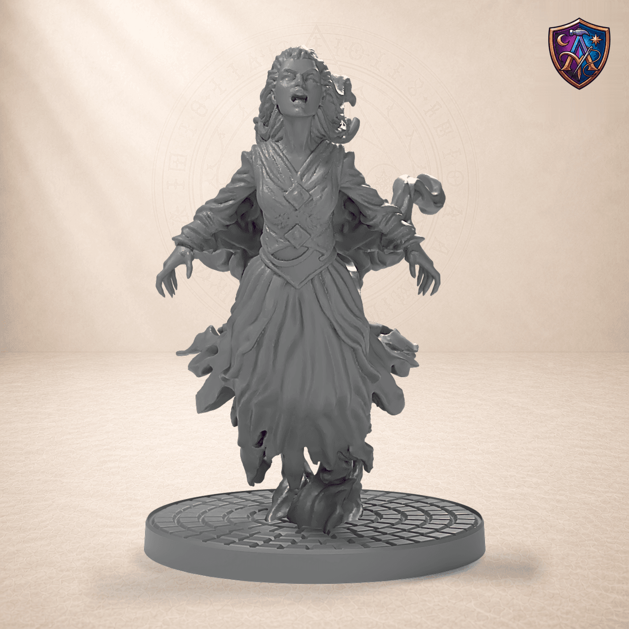 Digitaler Produkt-Render (1 von 6) von Banshee in zerrissener Robe in unbemaltem Dunkelgrau.