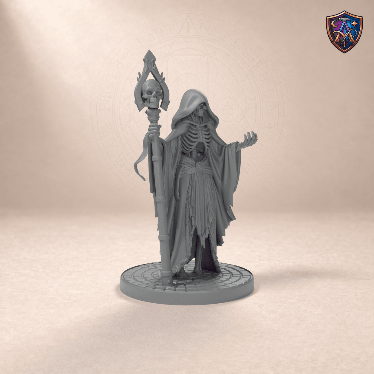 Digital product render of Undead Necromancer – Unpainted 32/54/75mm Resin Miniature for Tabletop RPGs in unpainted grey