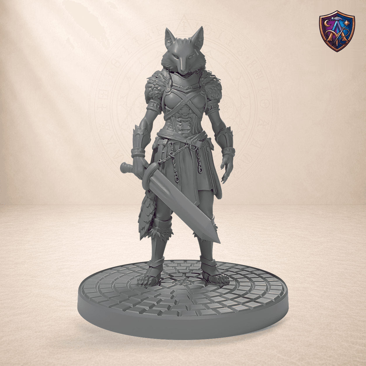 Digitaler Produkt-Render (1 von 6) von Wolfsähnliche Kriegerin mit Breitschwert in unbemaltem Dunkelgrau.