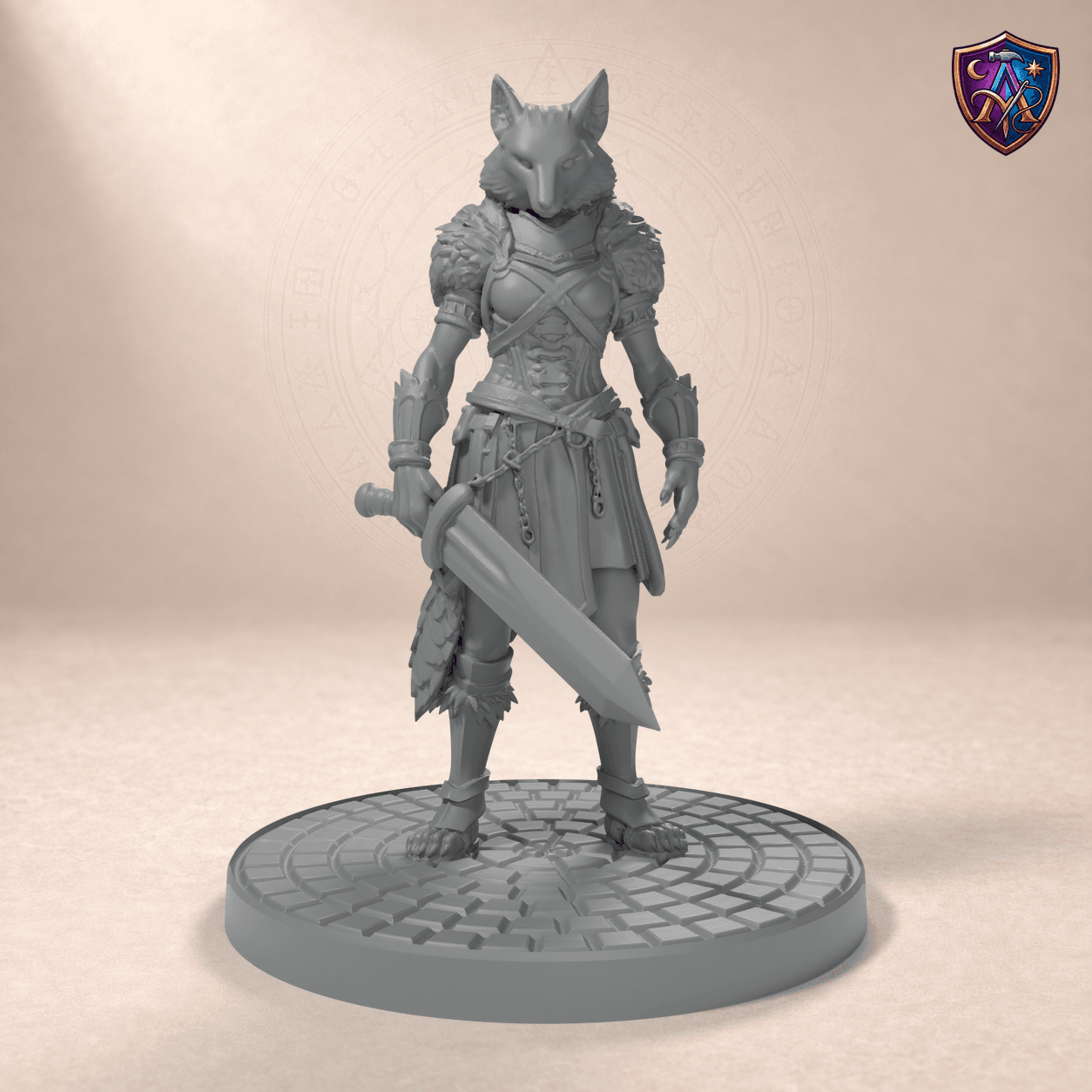 Digital product render of Wolf Warrior with Broadsword – Unpainted 32mm Resin Miniature for Tabletop RPGs in unpainted grey
