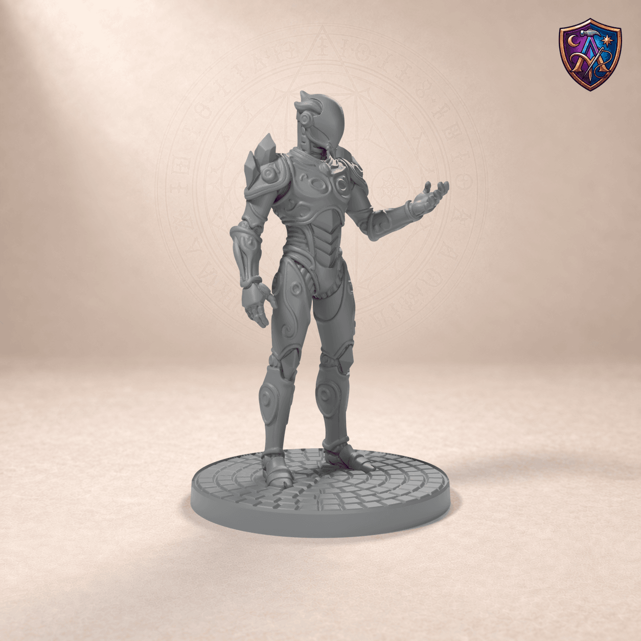 Digital product render of Guardian Construct – Unpainted 32/54/75mm Resin Miniature for Tabletop RPGs in unpainted grey