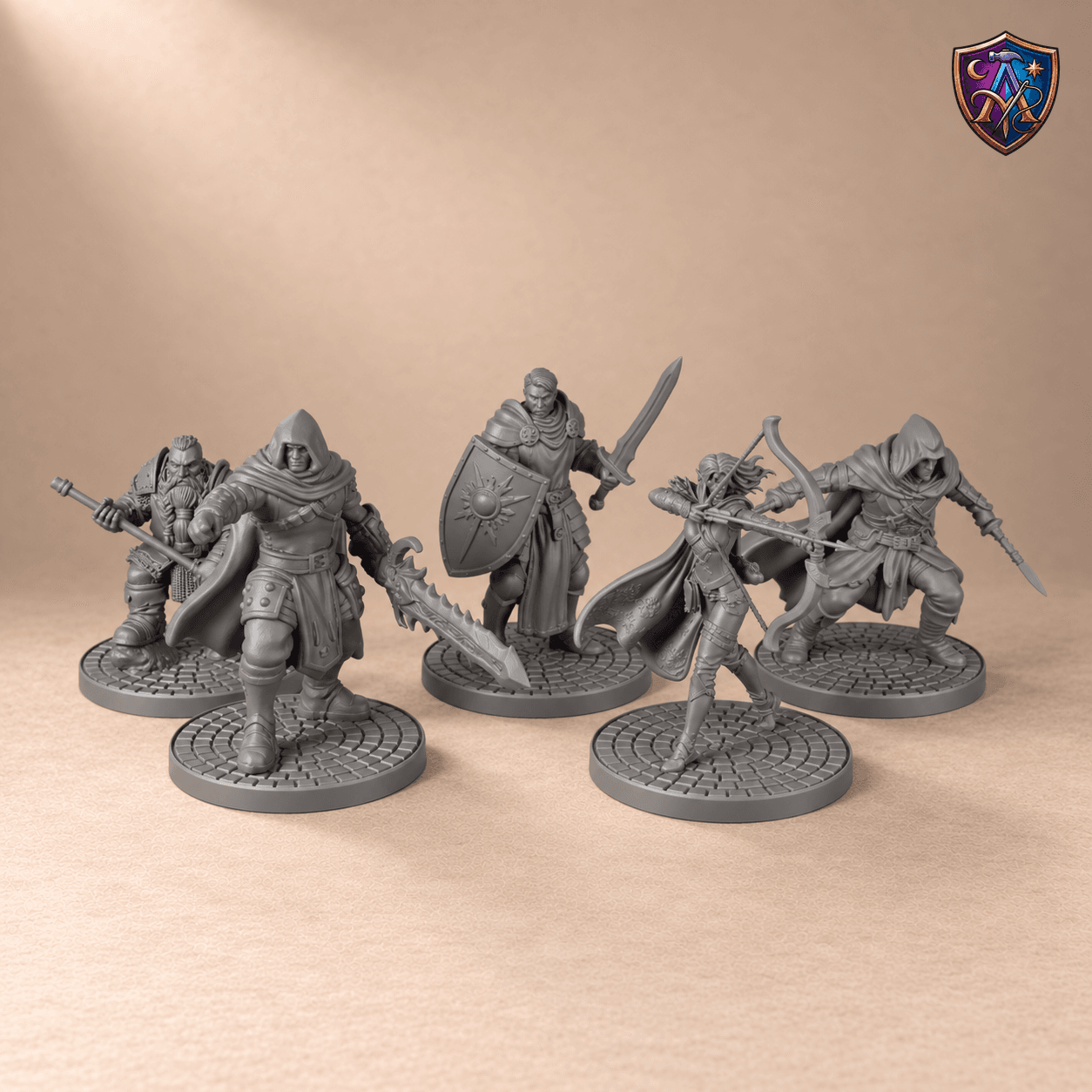 Digital product render of Adventuring Party of Dwarf, Elves and Humans – Set of 5 Unpainted Resin Miniatures, 32 mm Scale in unpainted grey