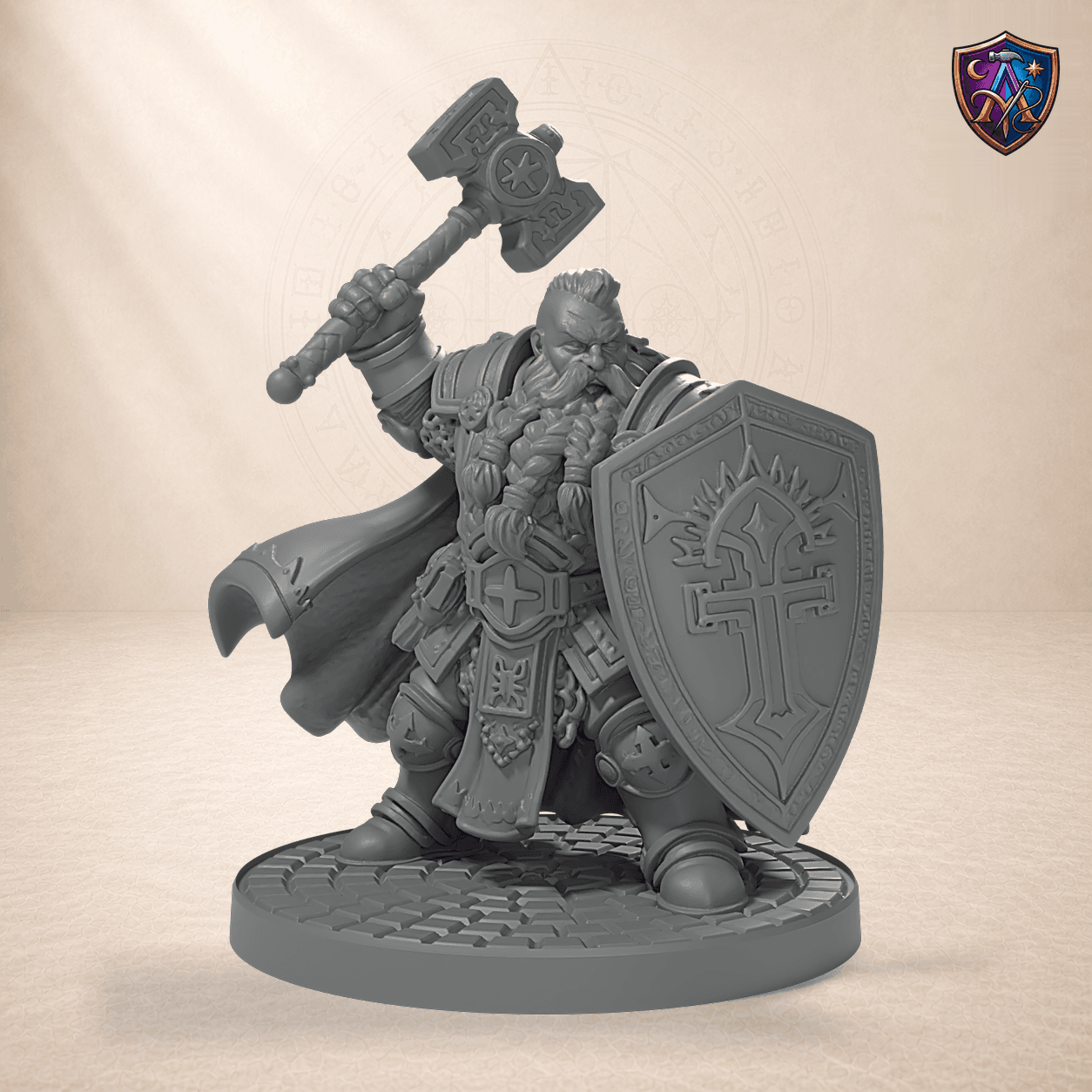 Digitaler Produkt-Render (1 von 6) von Zwerg-Paladin im Sturmangriff in unbemaltem Dunkelgrau.