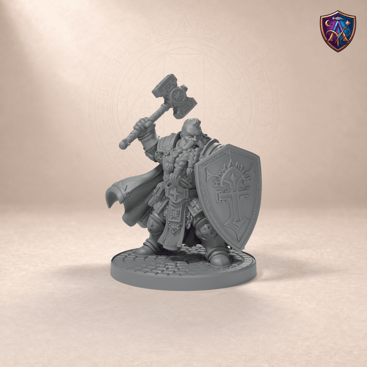 Digital product render of Dwarf Paladin Charging into Battle – Unpainted 32/54/75mm Resin Miniature for Tabletop RPGs in unpainted grey