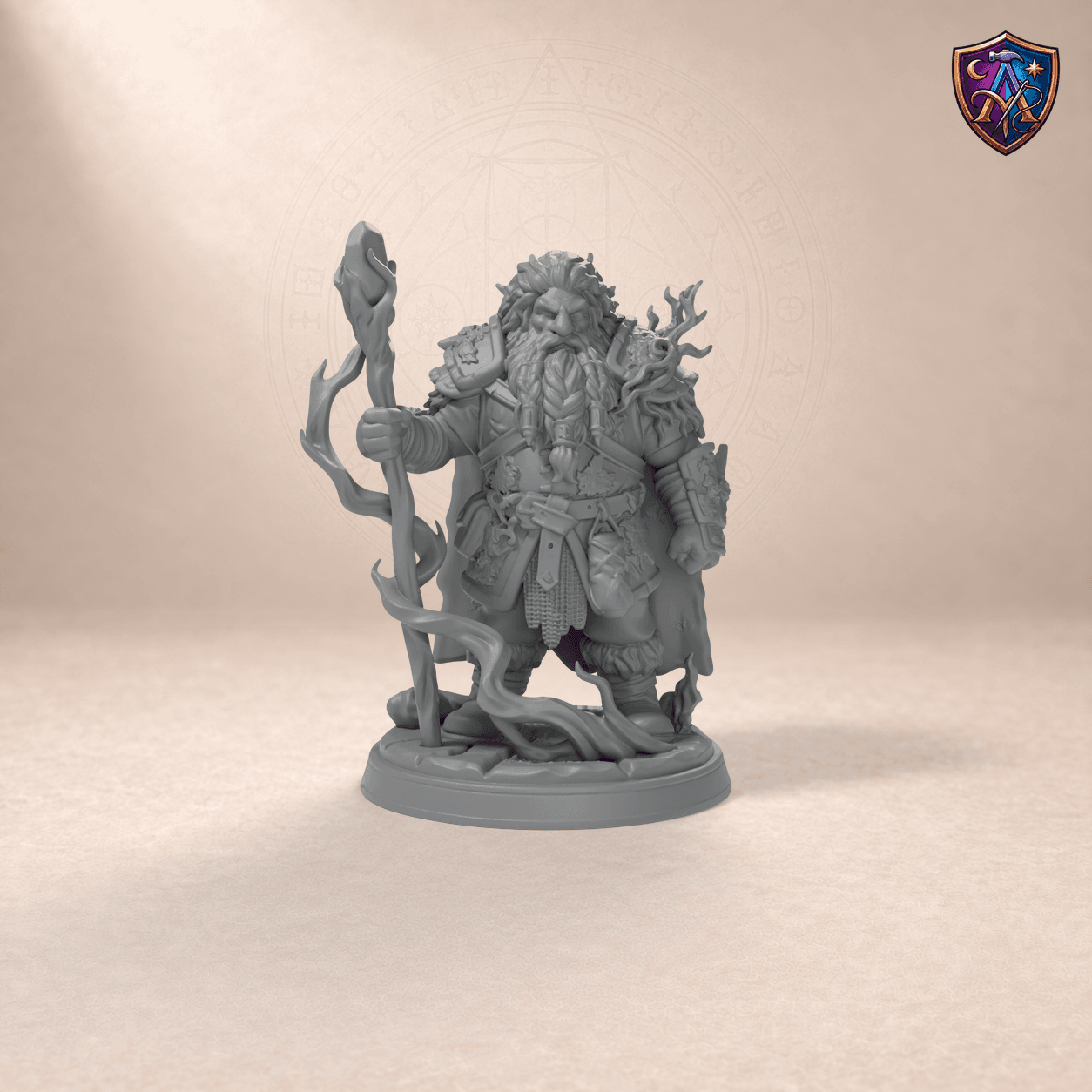 Digital product render of Dwarf Druid – Unpainted 32/54/75mm Resin Miniature for Tabletop RPGs in unpainted grey