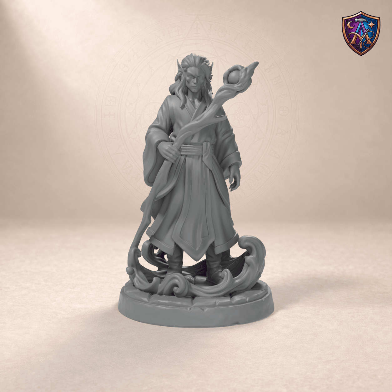 Digital product render of Water Genasi Wizard – Unpainted 32/54/75mm Resin Miniature for Tabletop RPGs in unpainted grey
