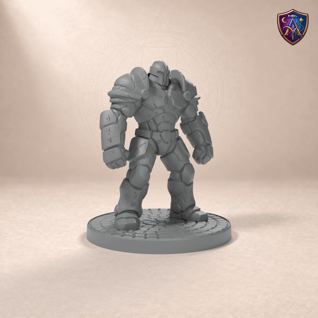 Digital product render of Rune Stone Golem – Unpainted 32/54mm Resin Miniature for Tabletop RPGs in unpainted grey