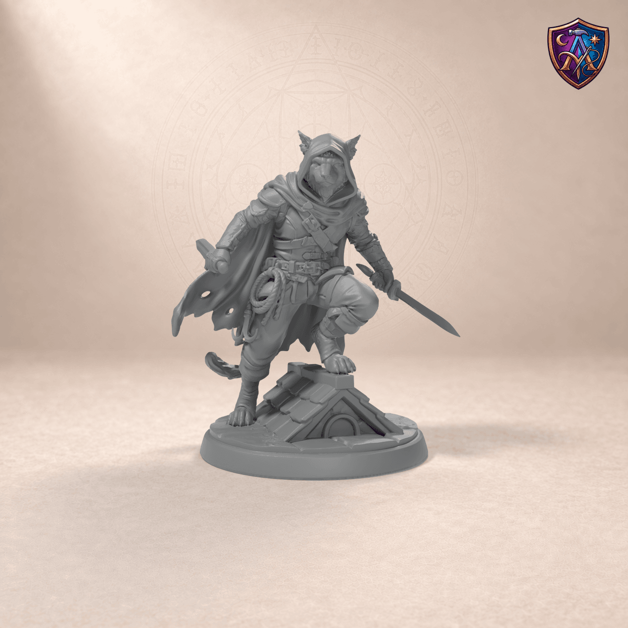 Digitaler Produkt-Render (1 von 6) von Tabaxi-Schurke mit Kapuze und zwei Klingen in unbemaltem Dunkelgrau.