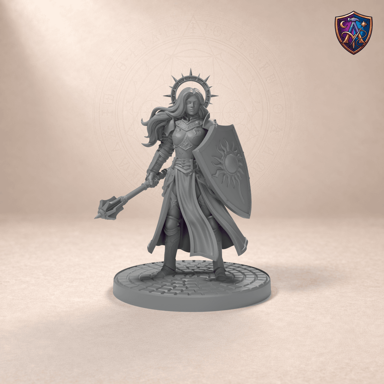 Digitaler Produkt-Render (1 von 6) von Aasimar-Klerikerin mit Streitkolben und Schild in unbemaltem Dunkelgrau.
