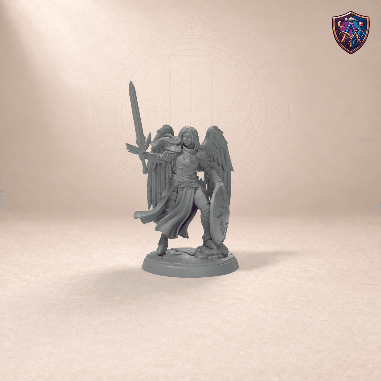 Digitaler Produkt-Render (1 von 6) von Geflügelte Paladinin in unbemaltem Dunkelgrau.