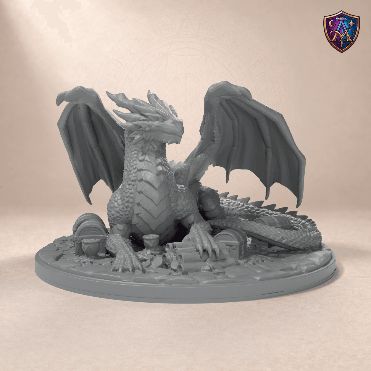 Digitaler Produkt-Render (1 von 6) von Uralter Golddrache in unbemaltem Dunkelgrau.