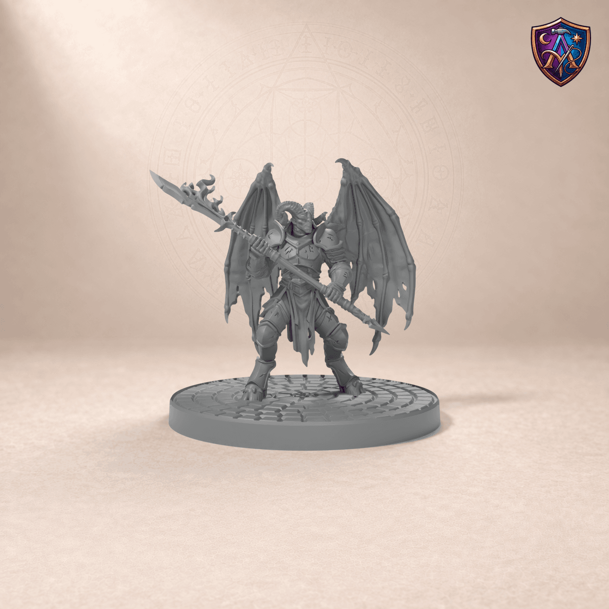 Digital product render of Demon Warlord with Wings and Glaive – Unpainted 32/54mm Resin Miniature for Tabletop RPGs in unpainted grey
