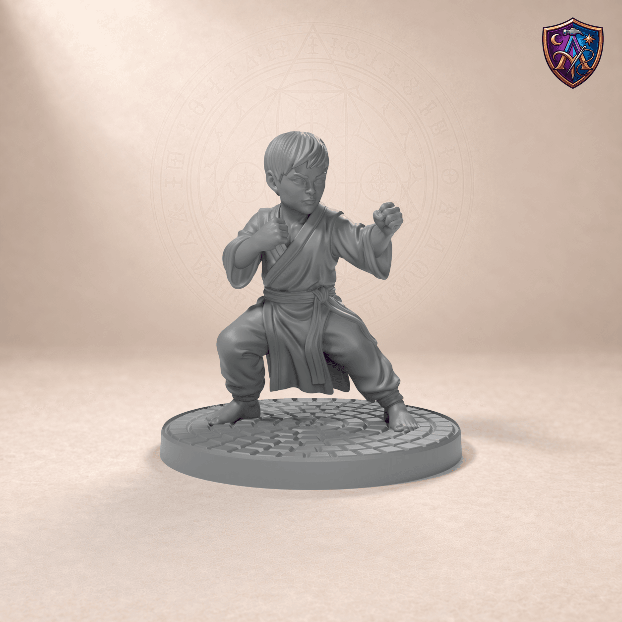 Digital product render of Halfling Monk in a Fighting Pose – Unpainted 32/54/75mm Resin Miniature for Tabletop RPGs in unpainted grey