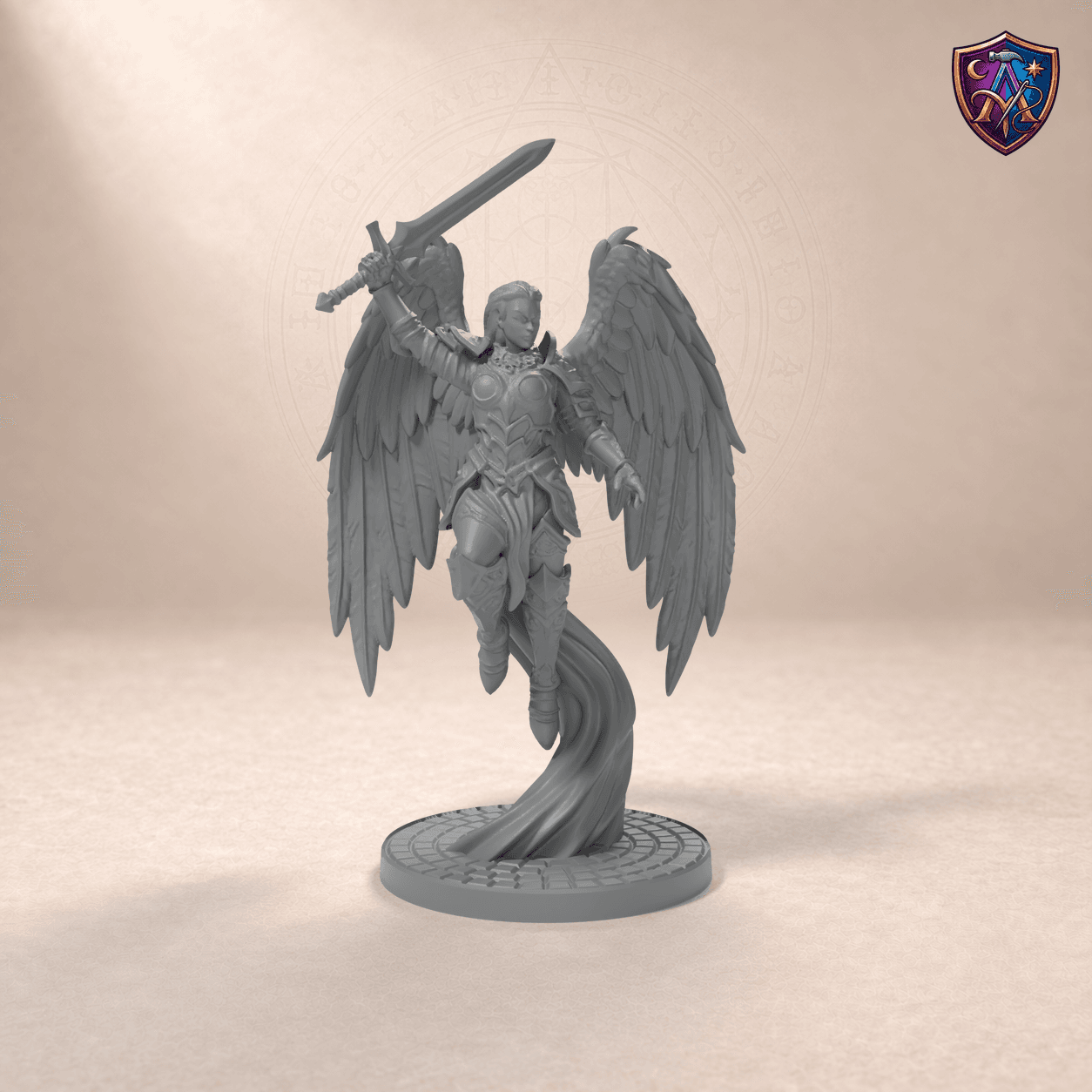 Digital product render of Winged Sword Warrior with Longsword – Unpainted 32/54/75mm Resin Miniature for Tabletop RPGs in unpainted grey