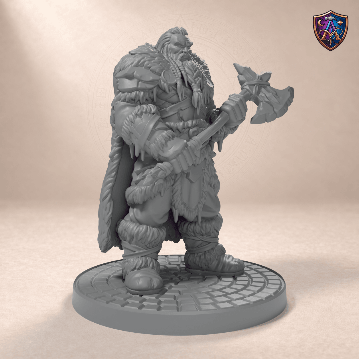 Digital product render of Frost Giant with Greataxe – Unpainted 32/54mm Resin Miniature for Tabletop RPGs in unpainted grey