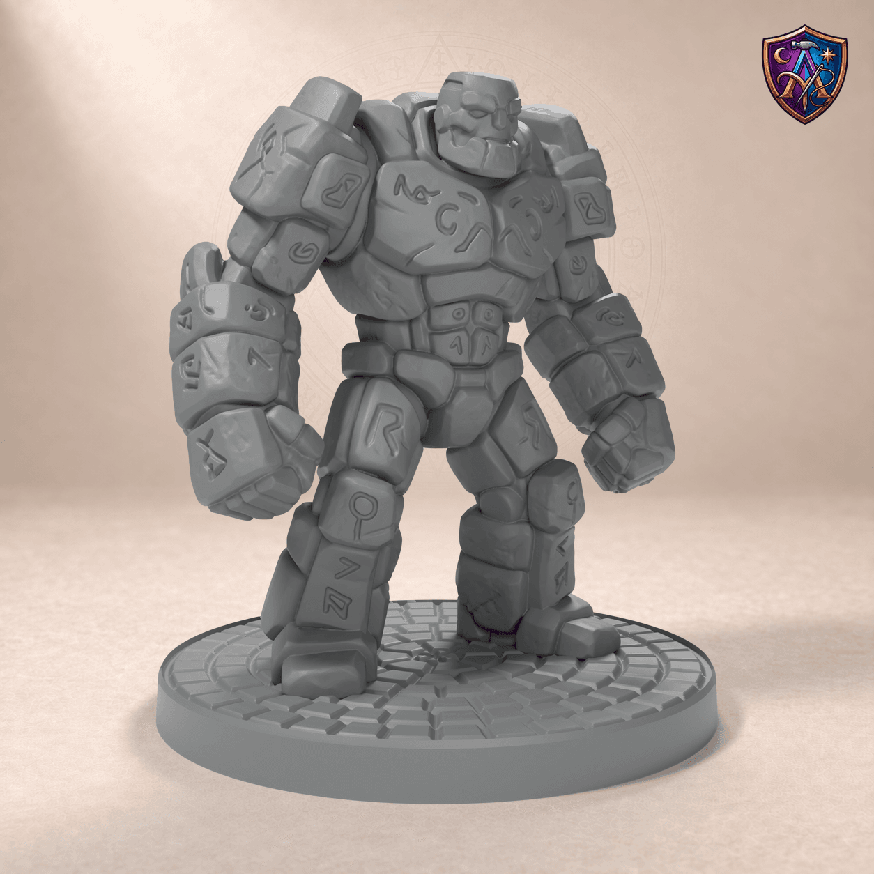 Digital product render of Stone Golem – Unpainted 32/54mm Resin Miniature for Tabletop RPGs in unpainted grey