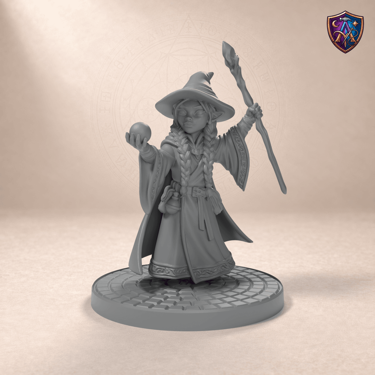 Digital product render of Gnome Wizard with Crystal Staff – Unpainted 32/54/75mm Resin Miniature for Tabletop RPGs in unpainted grey