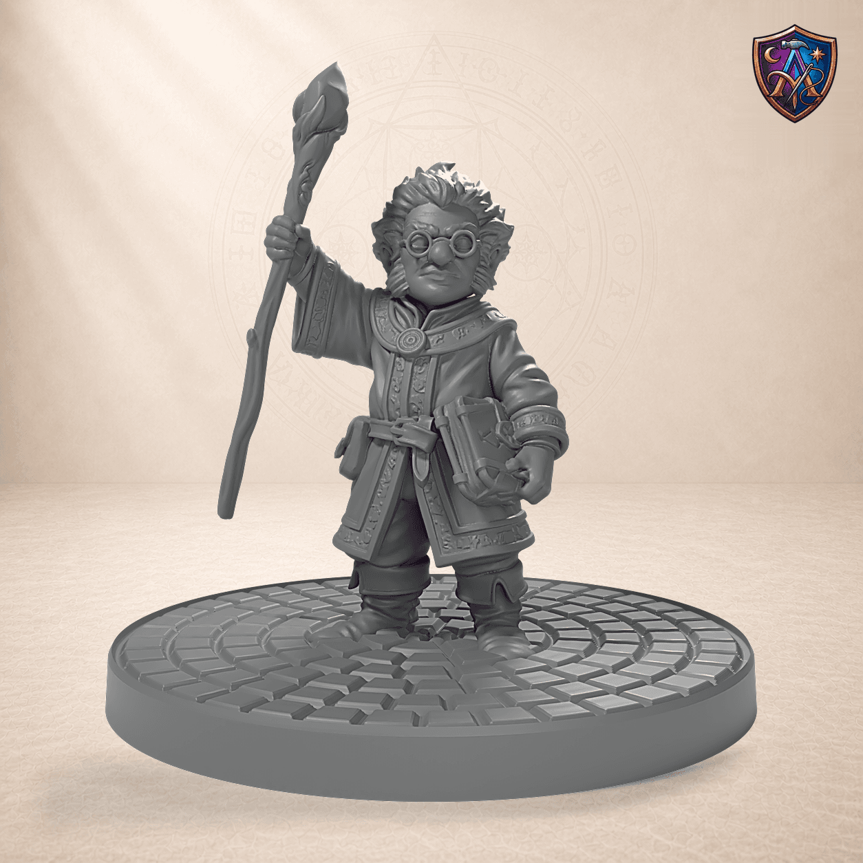 Digitaler Produkt-Render (1 von 6) von Gnom-Magier mit Stab und Zauberbuch in unbemaltem Dunkelgrau.