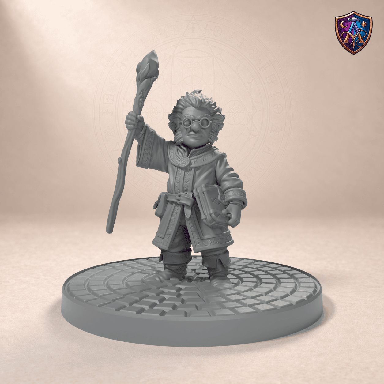 Digital product render of Gnome Wizard with Staff and Spellbook – Unpainted 32/54/75mm Resin Miniature for Tabletop RPGs in unpainted grey