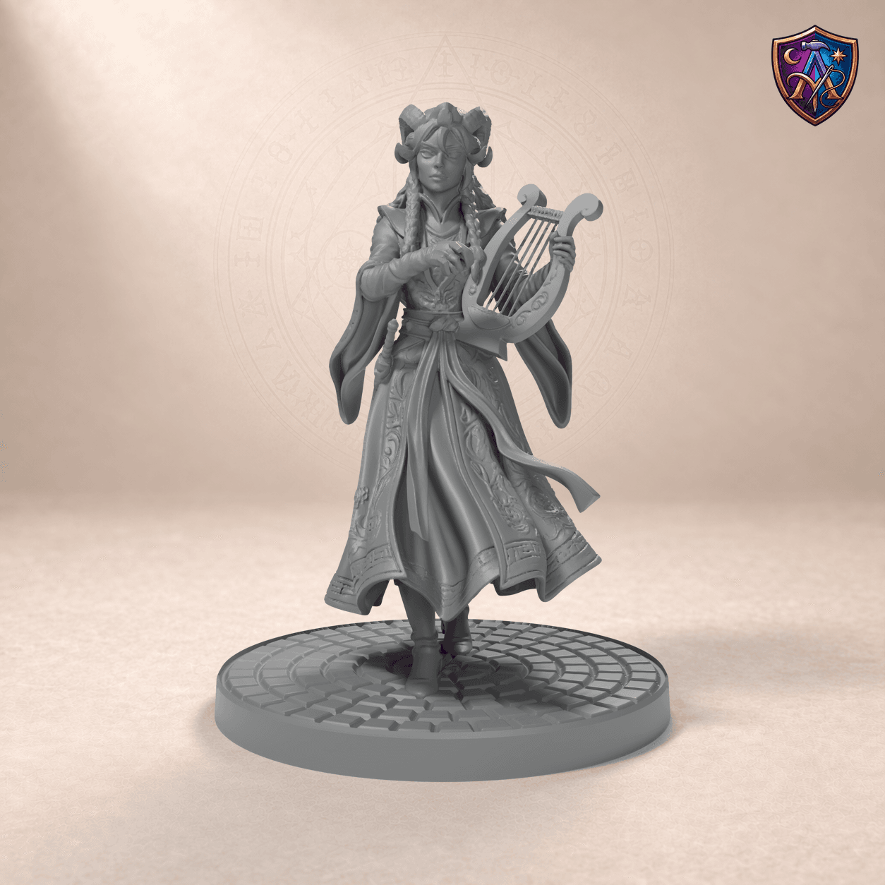Digitaler Produkt-Render (1 von 6) von Tiefling-Bardin mit Lyra in unbemaltem Dunkelgrau.