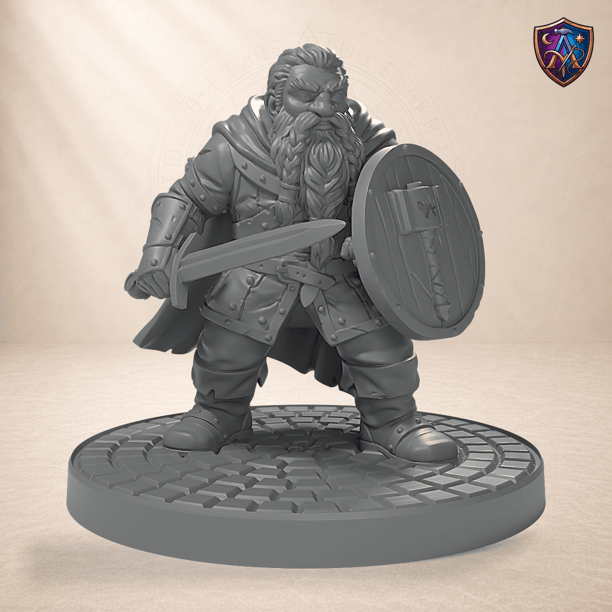 Digitaler Produkt-Render (1 von 6) von Zwerg-Paladin in unbemaltem Dunkelgrau.