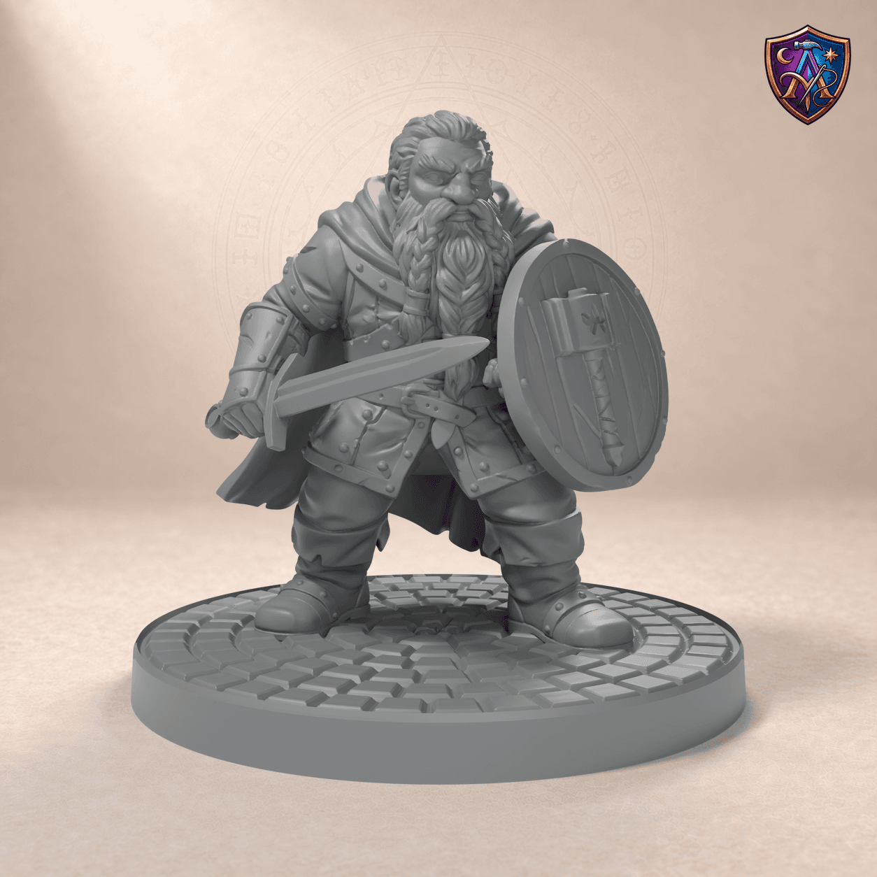Digital product render of Dwarf Paladin – Unpainted 32/54/75mm Resin Miniature for Tabletop RPGs in unpainted grey