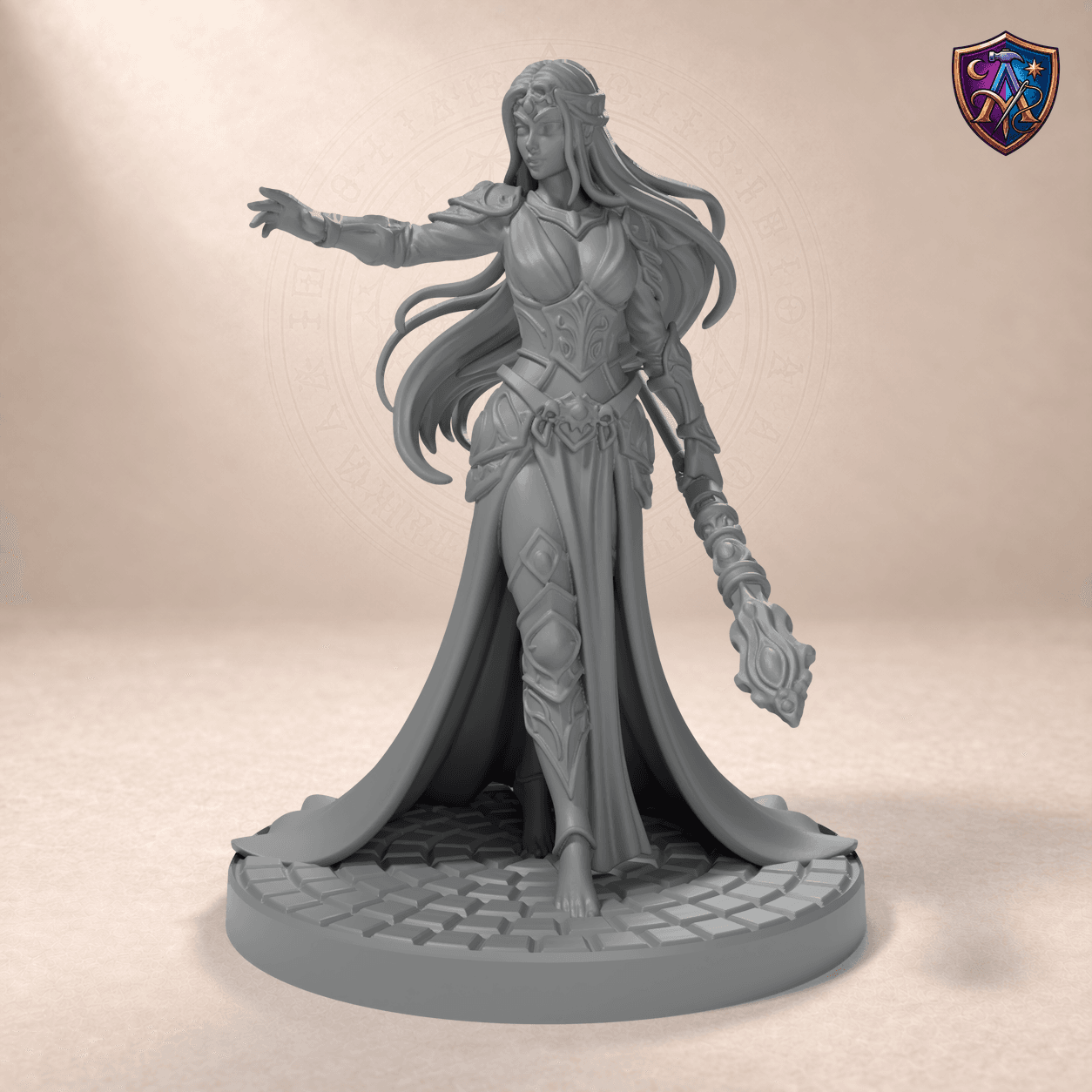 Digitaler Produkt-Render (1 von 6) von Mensch-Magierin im langen Gewand in unbemaltem Dunkelgrau.