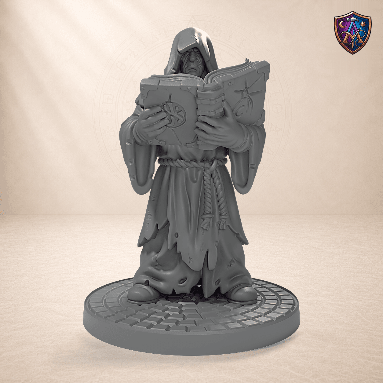 Digitaler Produkt-Render (1 von 6) von Verhüllter Kultist mit Zauberbuch in unbemaltem Dunkelgrau.