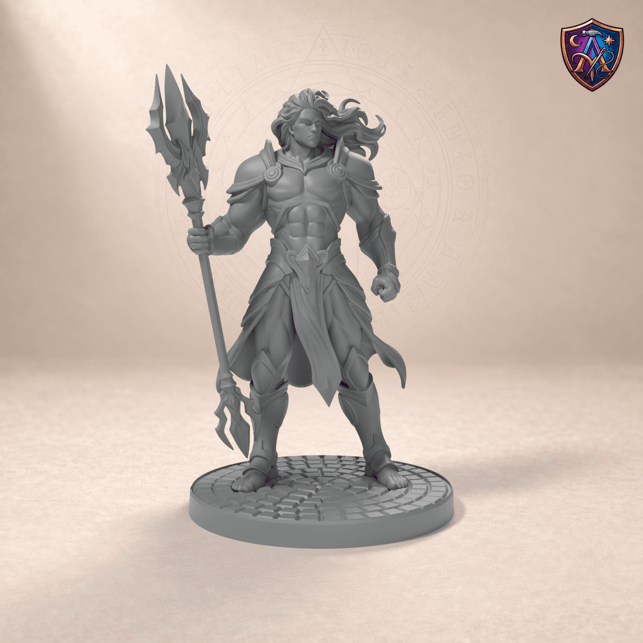 Digital product render of Celestial Warrior – Unpainted 32mm Resin Miniature for Tabletop RPGs in unpainted grey