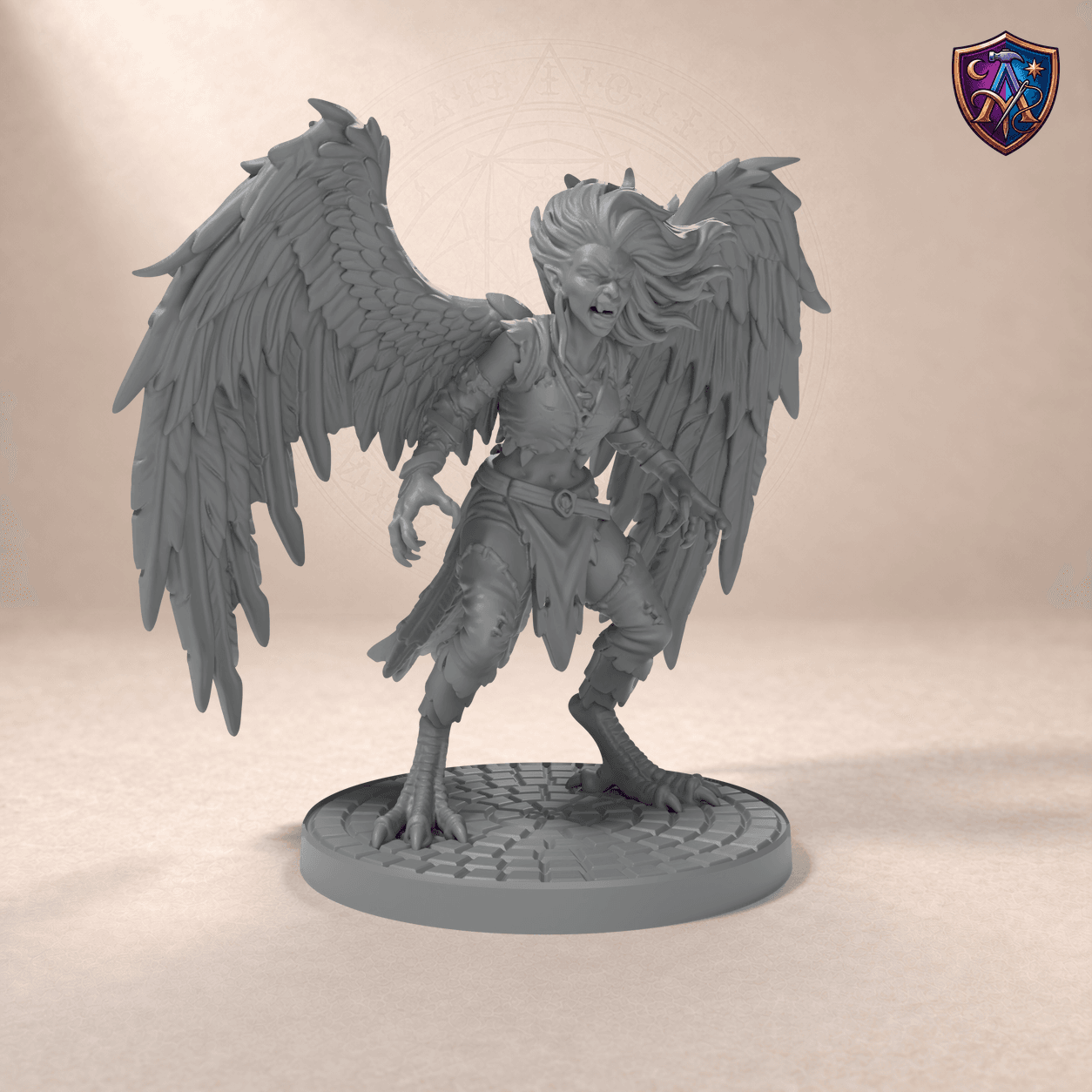 Digital product render of Harpy with Claws and Wings – Unpainted 32/54/75mm Resin Miniature for Tabletop RPGs in unpainted grey