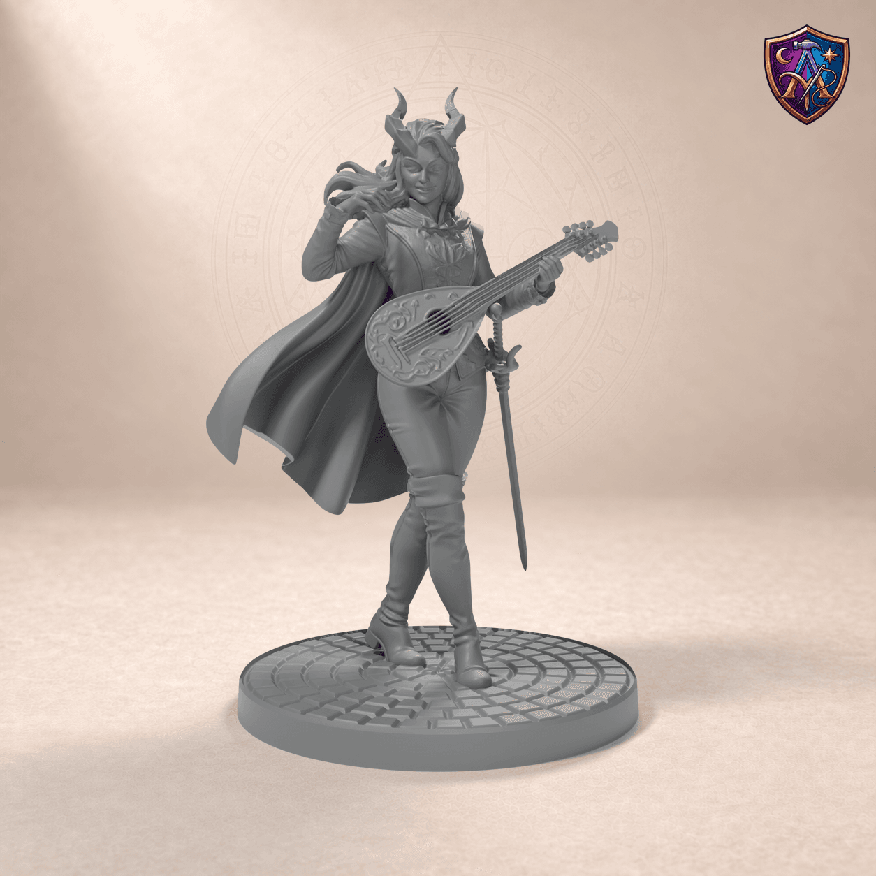 Digitaler Produkt-Render (1 von 6) von Tiefling-Bardin mit Laute in unbemaltem Dunkelgrau.